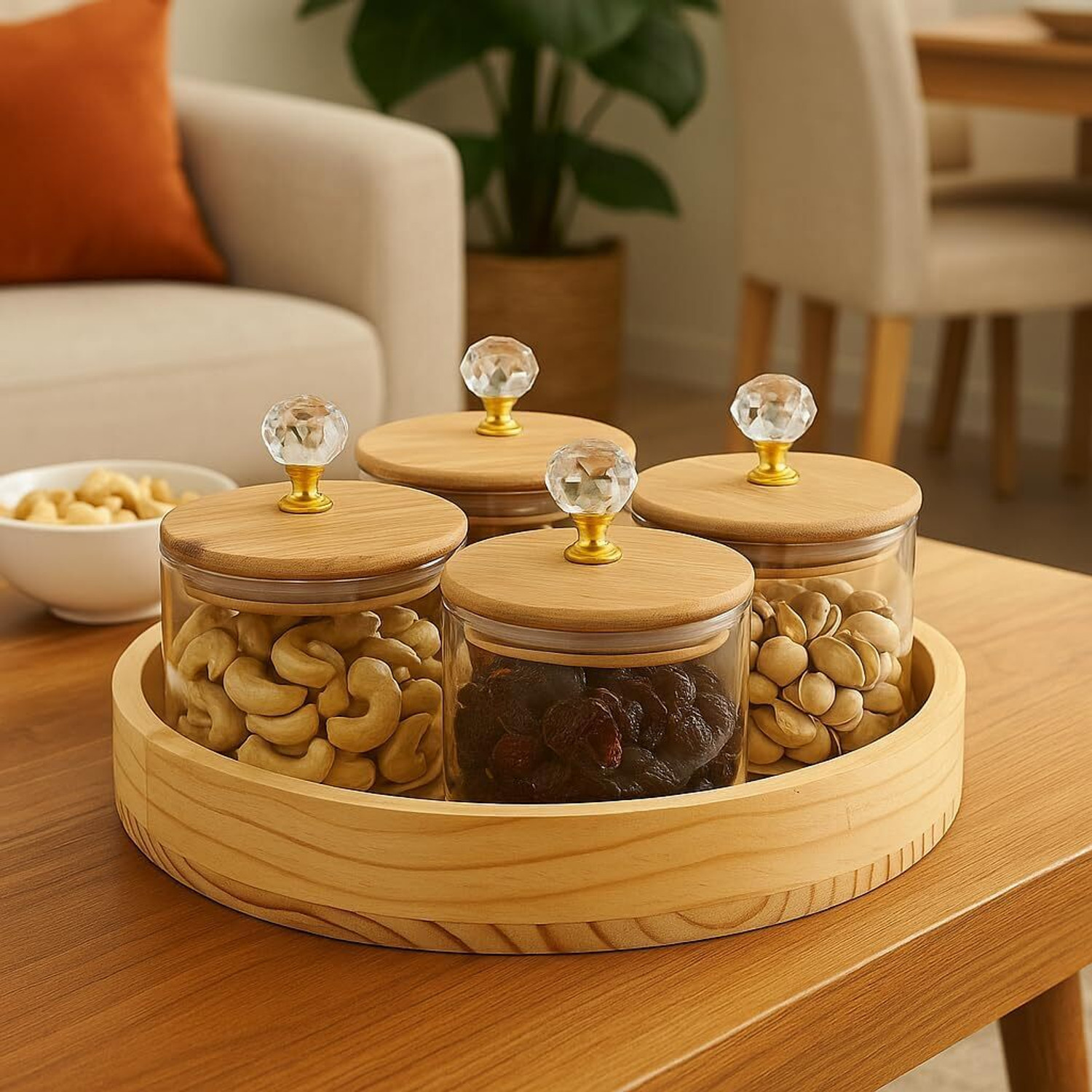 Image of The Elmas Store 4 Pcs Borosilicate Glass Airtight Jar Set with Pinewood Tray Elegant Serving Set Container, Tray Serving Set