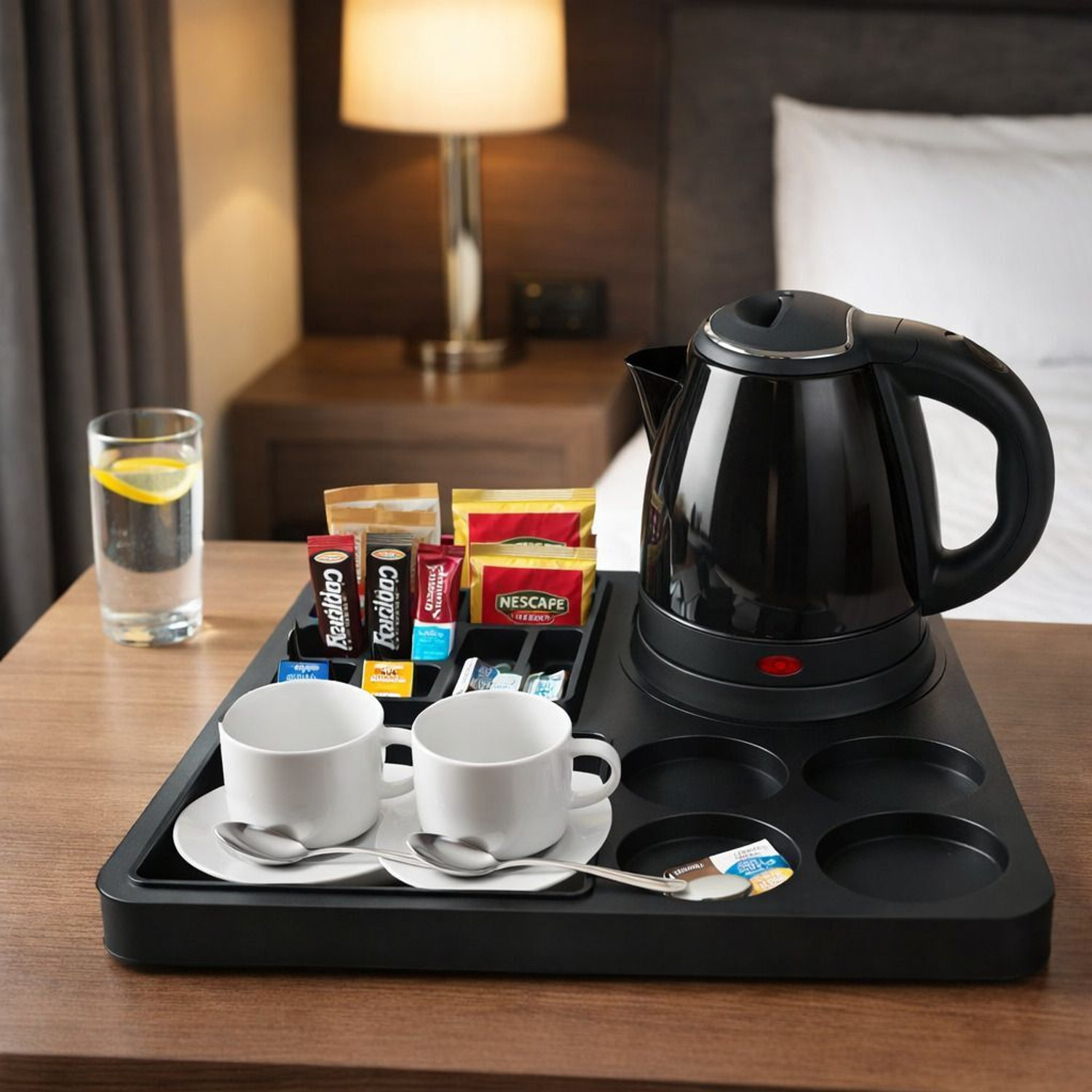 Image of Showkeeen Premium Hotel Room Kettle Tray with 4 cup holder and 4 Sachet Compartments Tray Serving Set