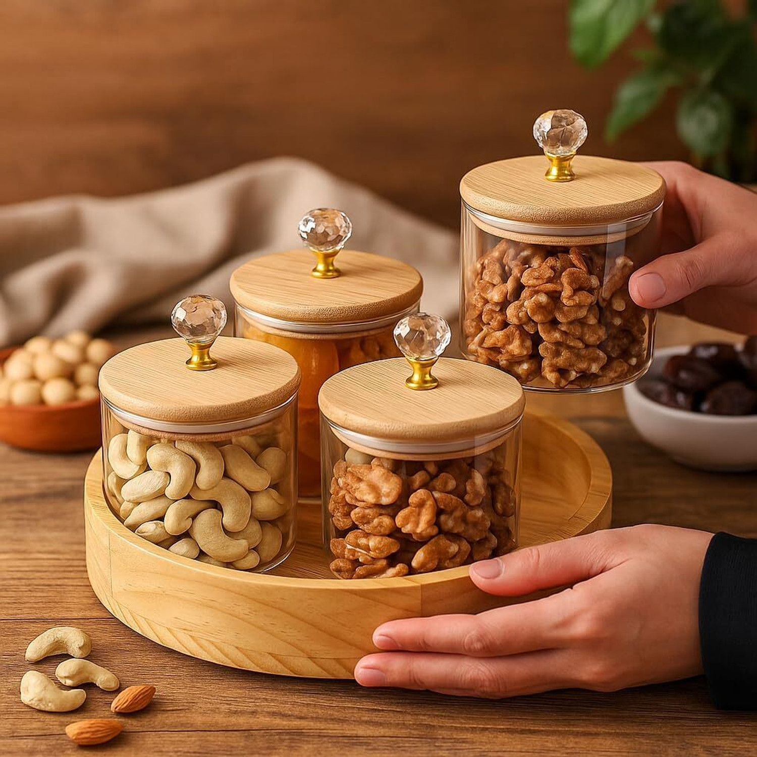 Image of The Elmas Store 4 Pcs Borosilicate Glass Airtight Jar Set with Pinewood Tray Elegant Serving Set Container, Tray Serving Set