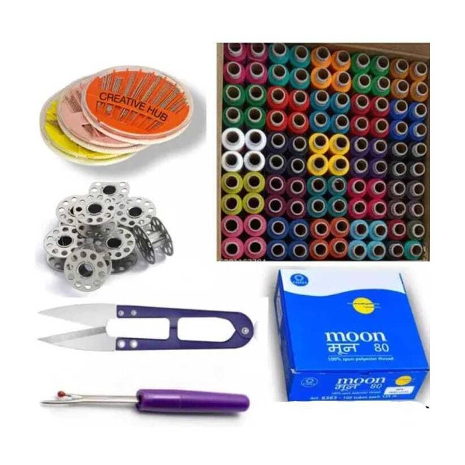 HouseOfCommon Multicolor Thread, 10 Bobbin, Needle Pack, Thread Cutter and Seam Ripper Sewing Kit