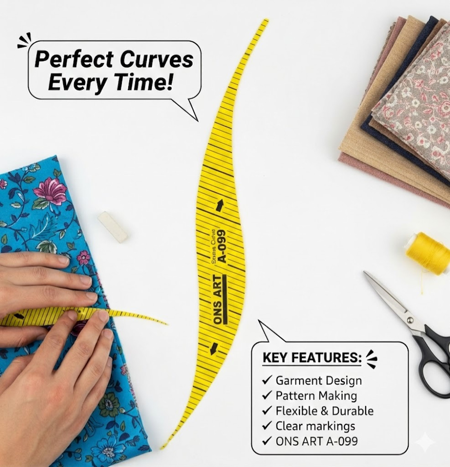 Image of Ons Art 4-Piece Tailoring Scale Set - L-Square, Ruler, Armhole & Sleeve Curve Sewing Kit