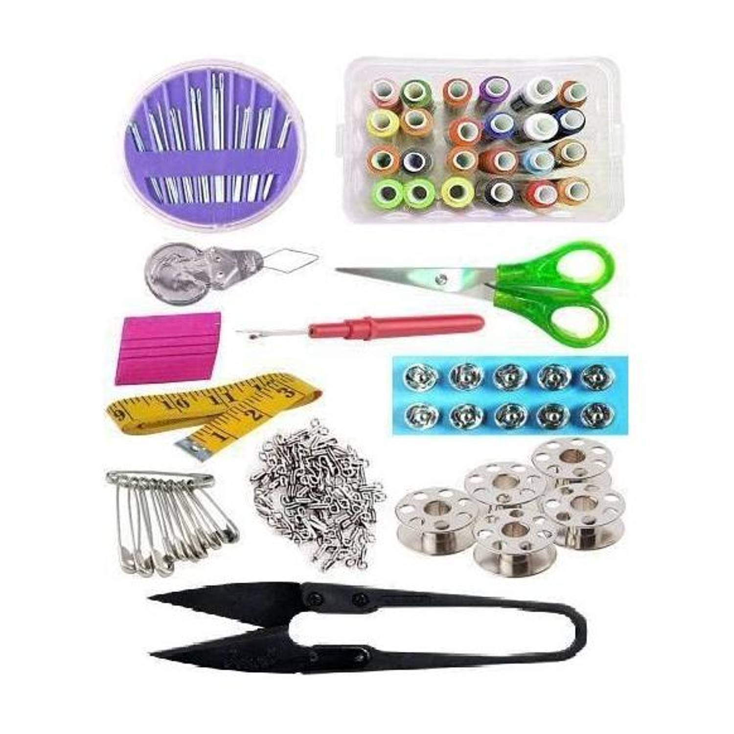 IKIS Sewing Kit - 13 in 1 - Sewing Kit/Stitching Thread & Storage Box/Thread Cutter/Needle/Chalk, Sewing Box, Scissors, Measuring Tape, Hook, Threader, Sewing Kit