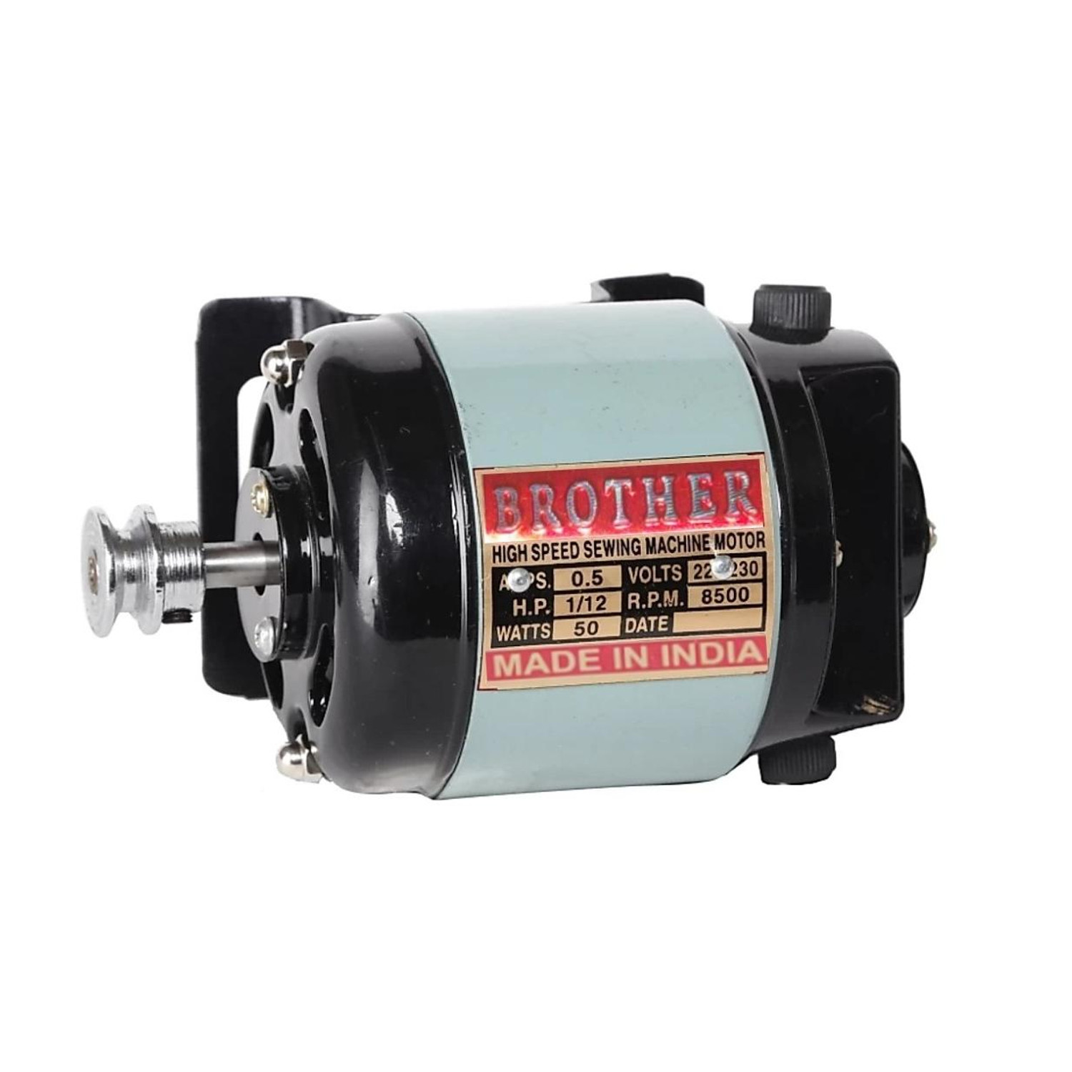 Image of Brothers SEWING MACHINE MOTOR CAST IRON BODY WITH SPEED CONTROLLER VERY LONG WIRE OF REGULATOR VERY HAPPY PARTS H.P 1 /12 LONG LIFE IN BOX TWO CARBON ONE BELT, L SET AND ALL FITTING PARTS Sewing Kit