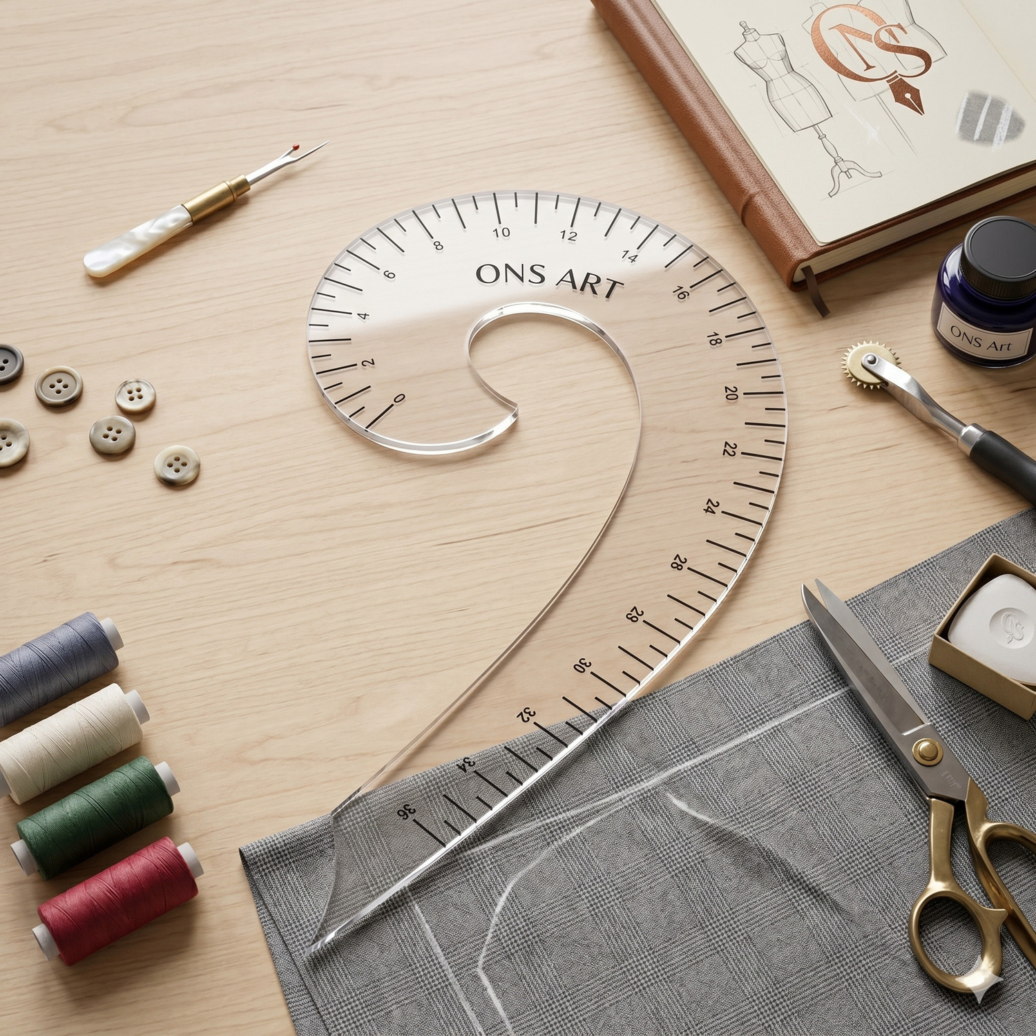 Image of Ons Art 4-Piece Tailoring Scale Set - L-Square, Ruler, Armhole & Sleeve Curve Sewing Kit