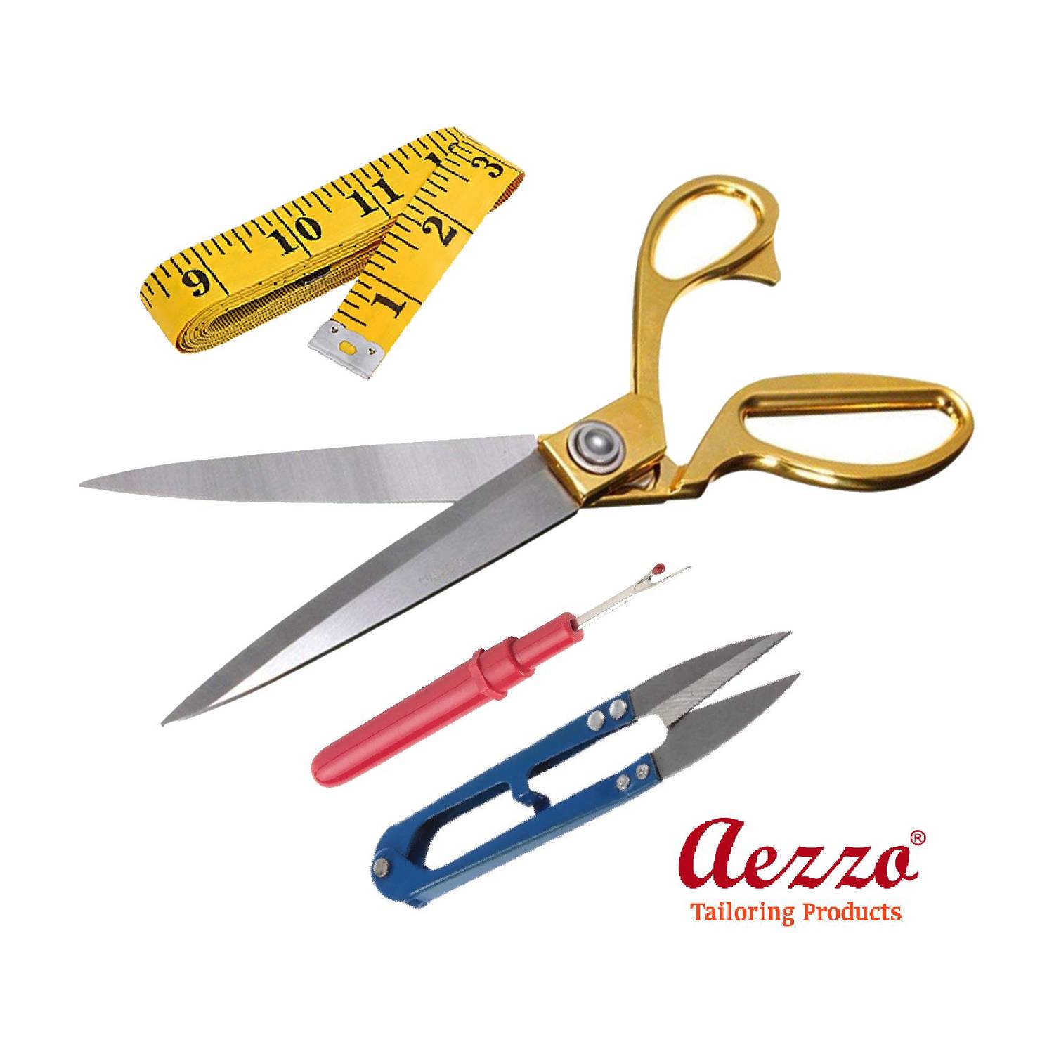 Aezzo Right Handed Sharp and Premium Quality Creative Brass Handle Gold Tailoring Scissors, Thread Cutter and Measure Tape Combo Pack Tailoring Kit. (Pack of 3) Sewing Kit