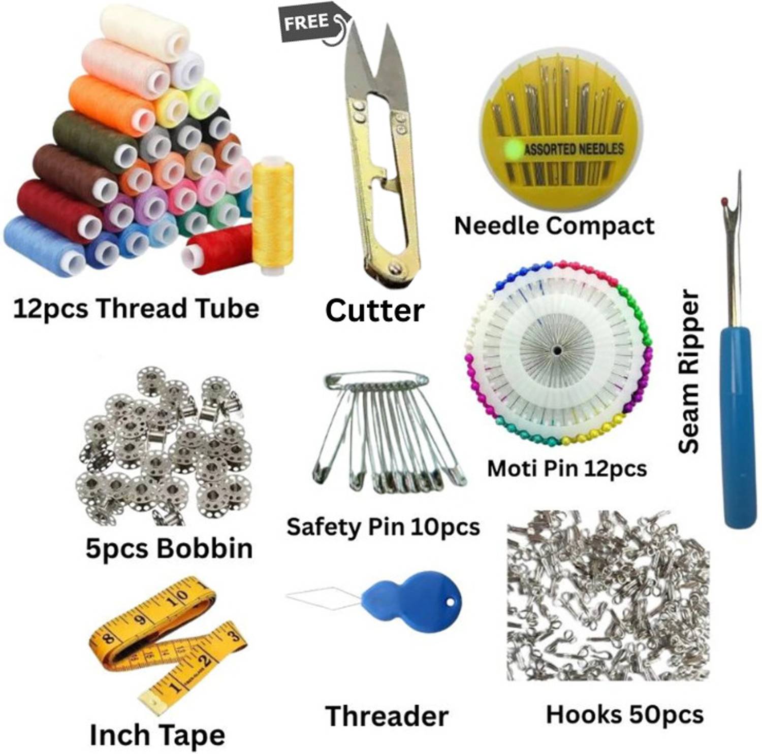 BKS 12pcs Thread 3ply Moti Pin Needle Compact Seam Ripper Hooks Threader and More.. Sewing Kit