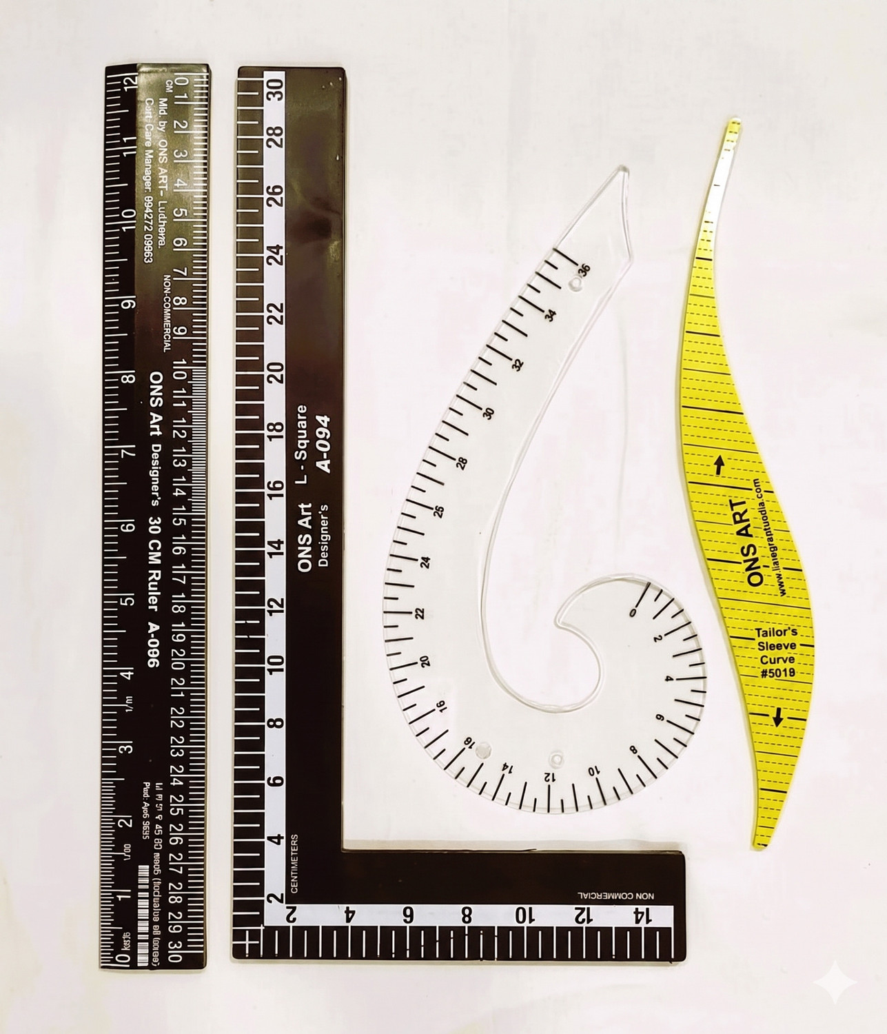 Image of Ons Art 4-Piece Tailoring Scale Set - L-Square, Ruler, Armhole & Sleeve Curve Sewing Kit