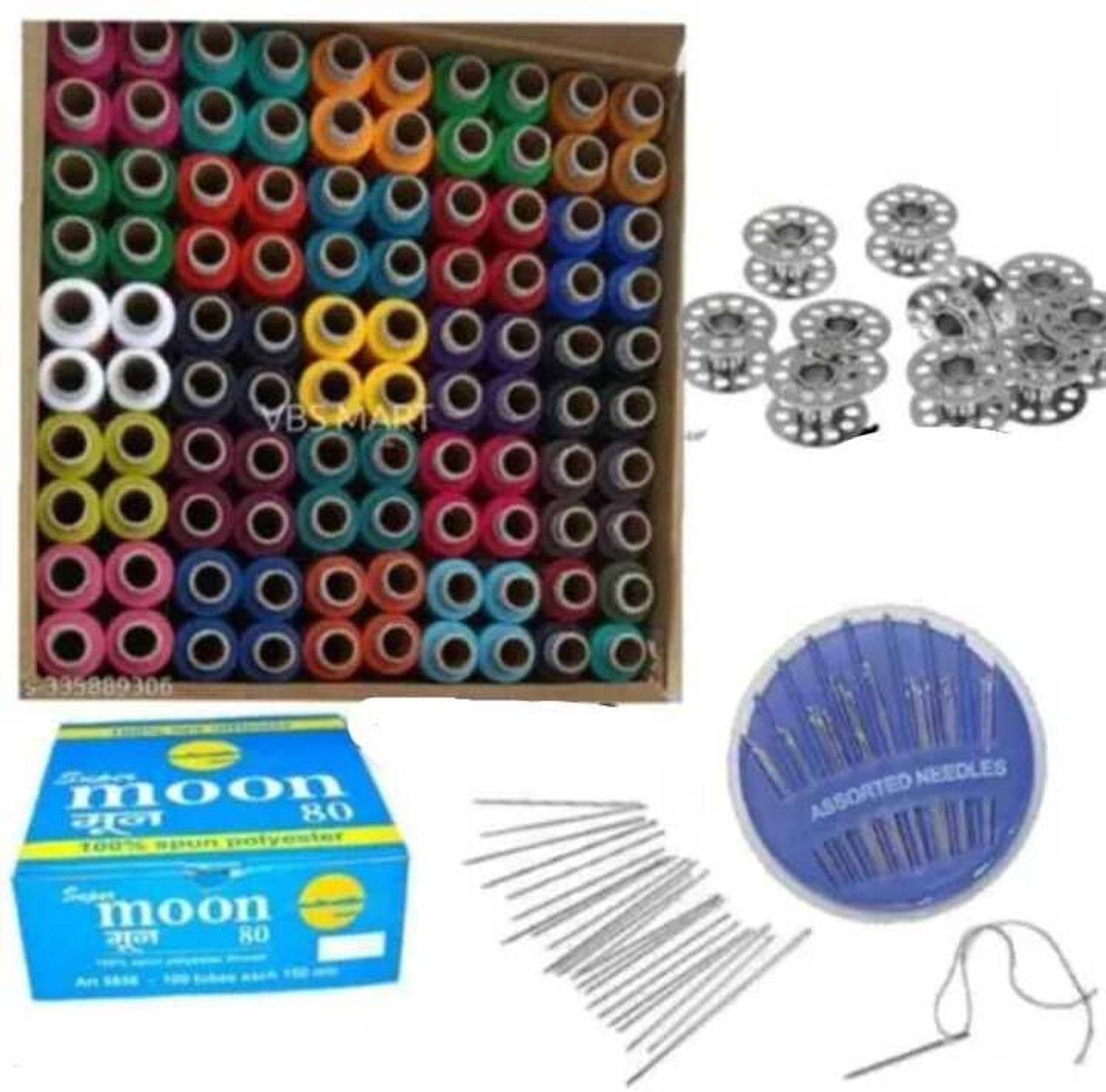 HouseOfCommon 100 pcs Thread, 5 Bobbin , 1 Needle Pack Sewing Kit