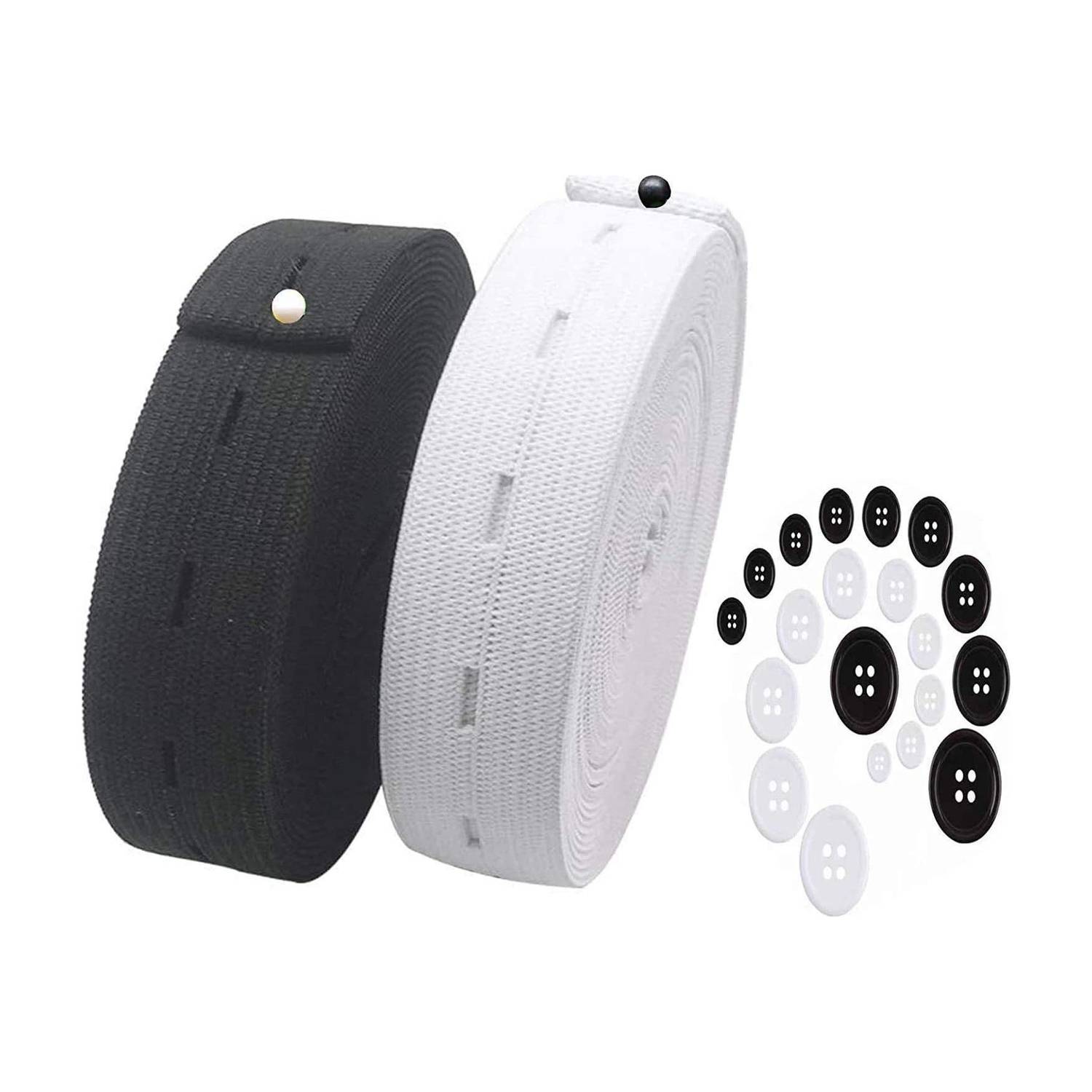 Aakriti 3/4-Inch Elastic Flatback Black and White Sewing Bands Spool with Buttonhole Elastic Flat Elastic Cord with10pcs Buttons Elastic 5 MTR White 5 Mtr Blk Nylon Ribbed Sewing Belt
