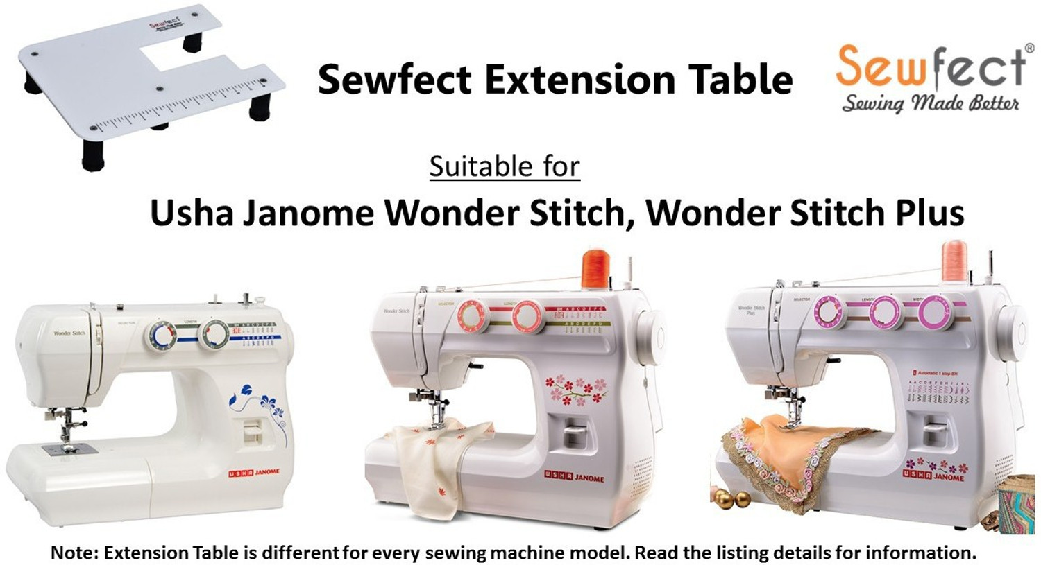 Image of Sewfect Sewing Machine Extension Table for Usha Wonder Stitch, Wonder Stitch Plus Automatic Manual Sewing Machine 0 built-in stitches 100 SPM White
