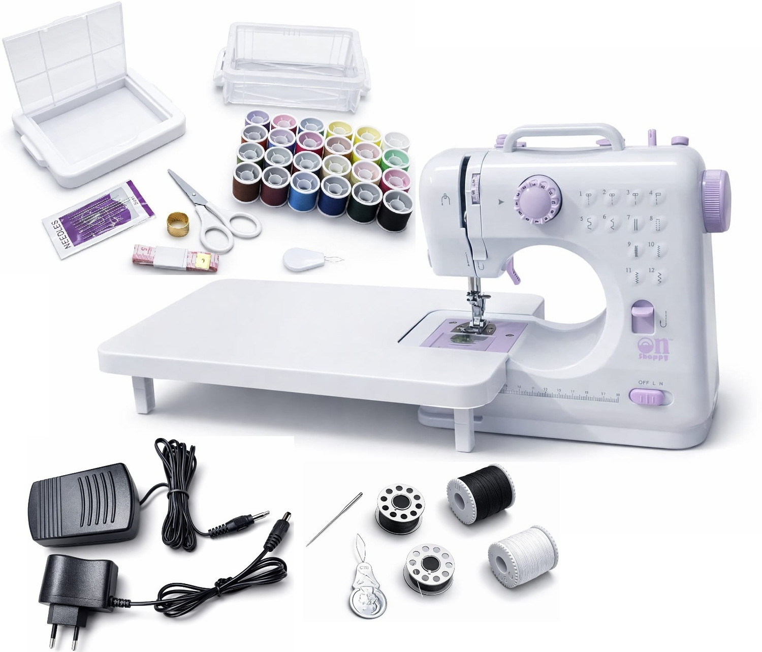 Image of Onshoppy Portable Sewing Machine with 12 Built-in Stitches, Extension Table & Sewing Kit Electric Sewing Machine 2 built-in stitches 500 SPM Purple