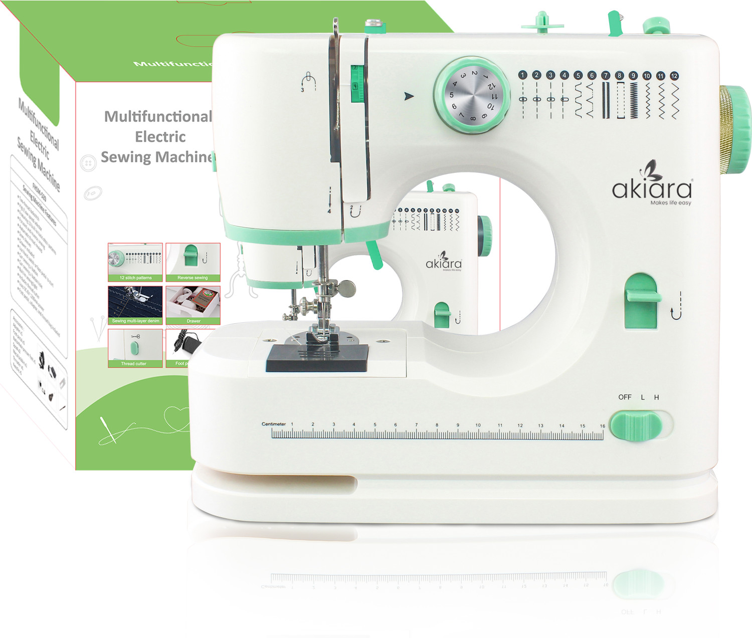 Image of akiara 12 Stitch Electric Sewing Machine 12 built-in stitches 300 SPM 2 Year Warranty White
