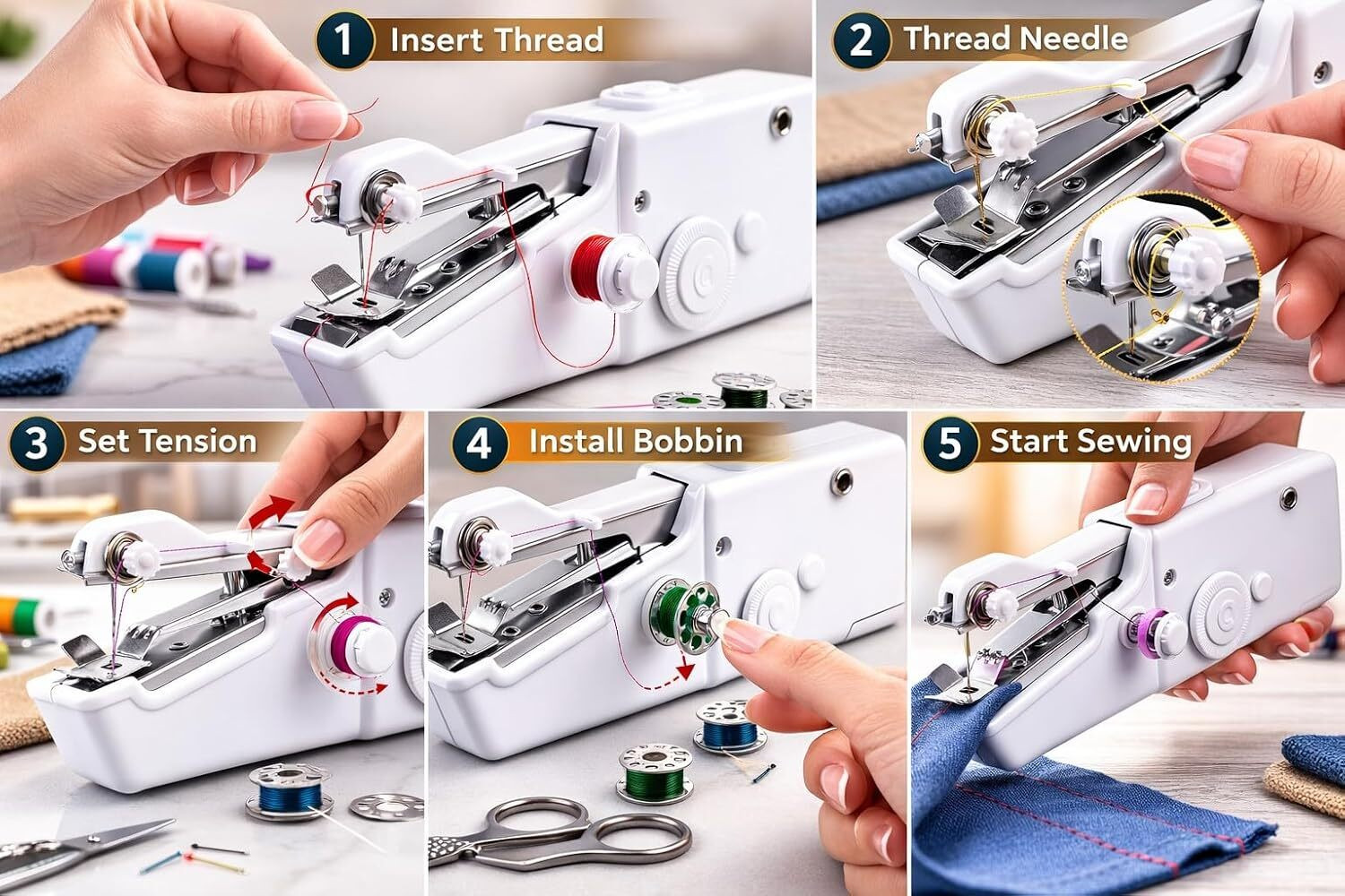 Image of Casecade Handy Sewing Machine | Portable Silai Machine for Home, Travel & Emergency | Electric Sewing Machine 2 built-in stitches 300 SPM White