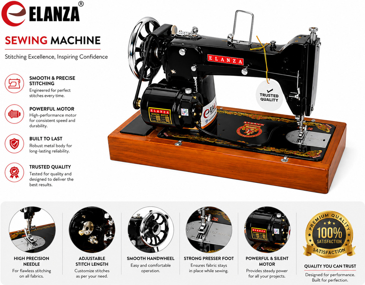 Image of Elanza 95-T10 /UMBRELLA /BIG /HEAVY DUTY Motorized With Wooden Base And Tool Box Electric Sewing Machine 1 built-in stitches 3800 SPM Multicolor