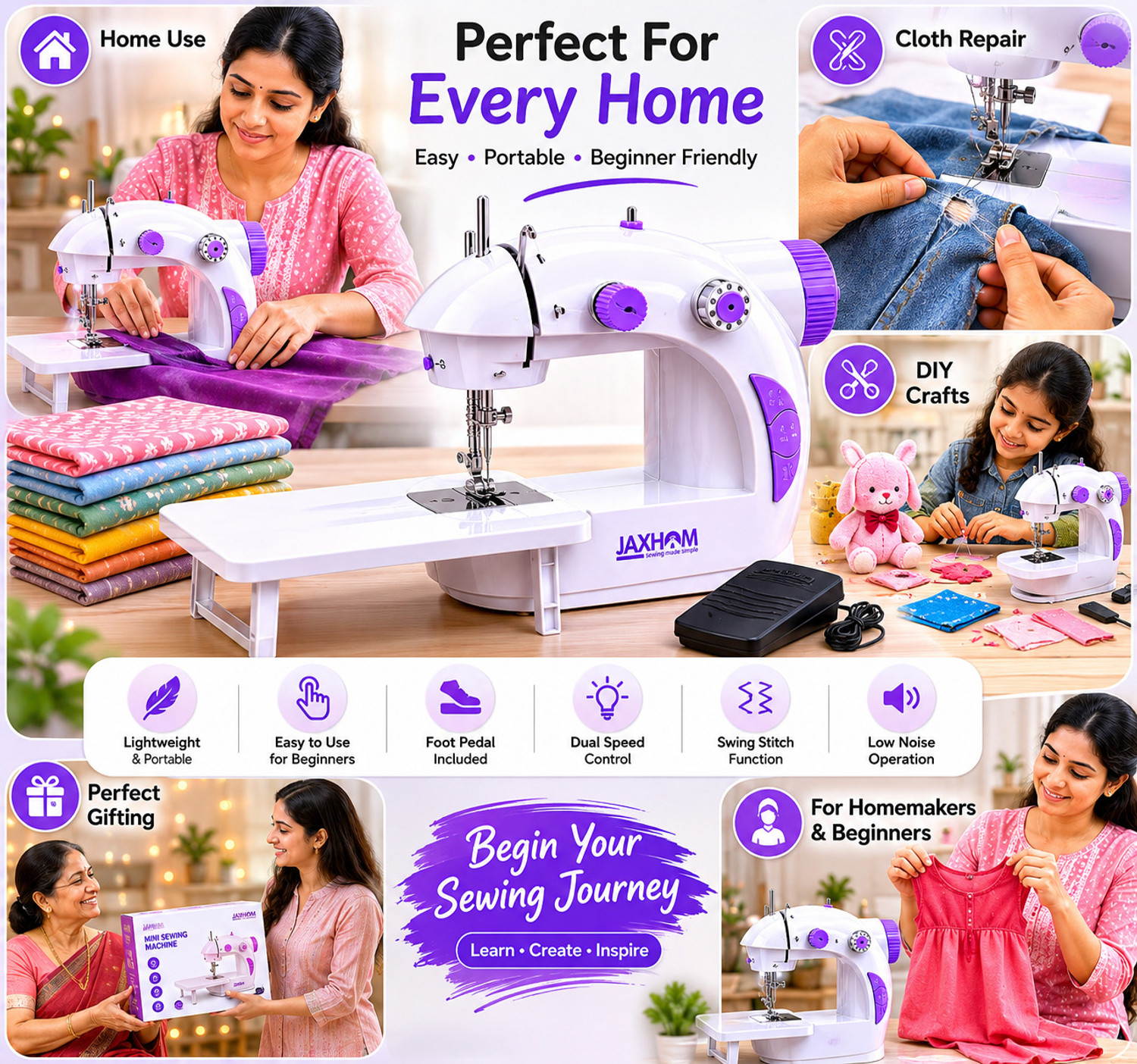 Image of JAXHOM mini sewing machine | swing sewing machine | stitching machine | silai table Electric Sewing Machine 2 built-in stitches 100 SPM blue sewing machine