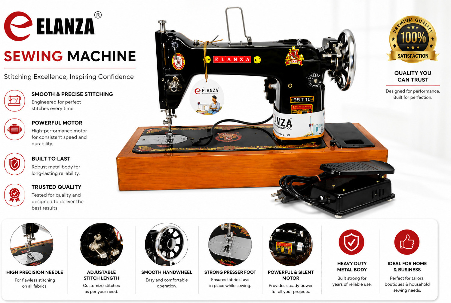 Image of Elanza 95-T10 /UMBRELLA /BIG /HEAVY DUTY Motorized With Wooden Base And Tool Box Electric Sewing Machine 1 built-in stitches 3800 SPM Multicolor