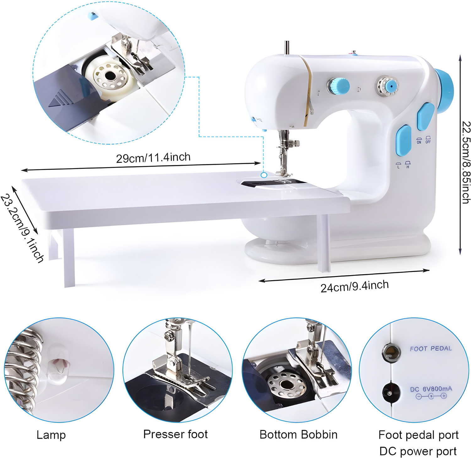 Image of Onshoppy Electric Sewing Machine with LED, Foot Pedal, Extension Table & Sewing Kit Combo Electric Sewing Machine 2 built-in stitches 200 SPM White