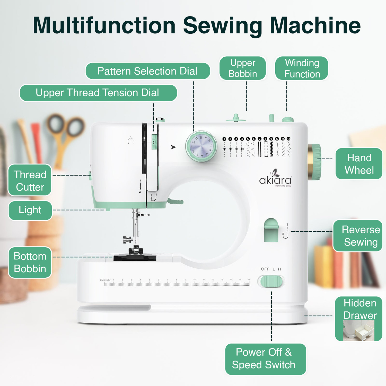 Image of akiara 12 Stitch Electric Sewing Machine 12 built-in stitches 300 SPM 2 Year Warranty White