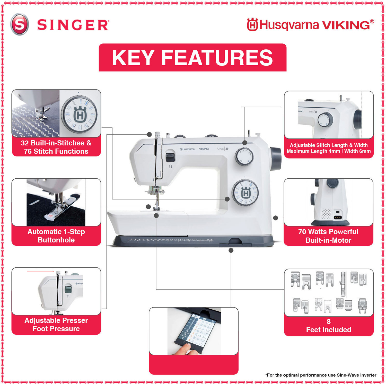Image of Husqvarna Onyx 25 by Singer Electric Sewing Machine 32 built-in stitches 800 SPM 2 Year Warranty White, Grey