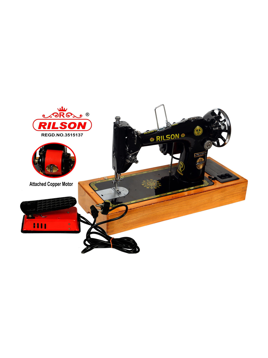 Image of Rilson MOTARIZED UMBRELLA /TA-1 MODEL SEWING MACHINE WITH WOODEN BASE AND REGULATOR Electric Sewing Machine 0 built-in stitches 1600 SPM Black