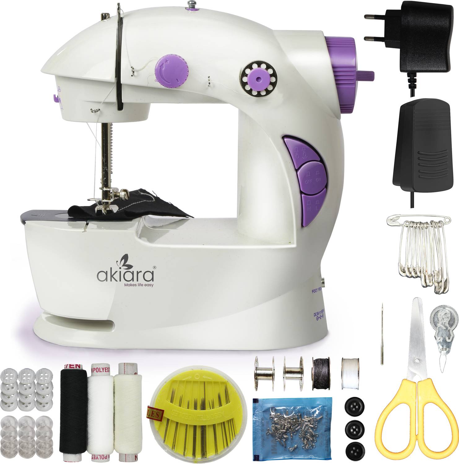 akiara Mini Sewing Machine for Home Tailoring use | Mini Silai Machine | Mini Stitching with Mini Sewing Kit and Thread Scissors, Needle All in One Sewing Accessories Electric Sewing Machine 6 built-in stitches 300 SPM 12 Months Warranty White N Purple