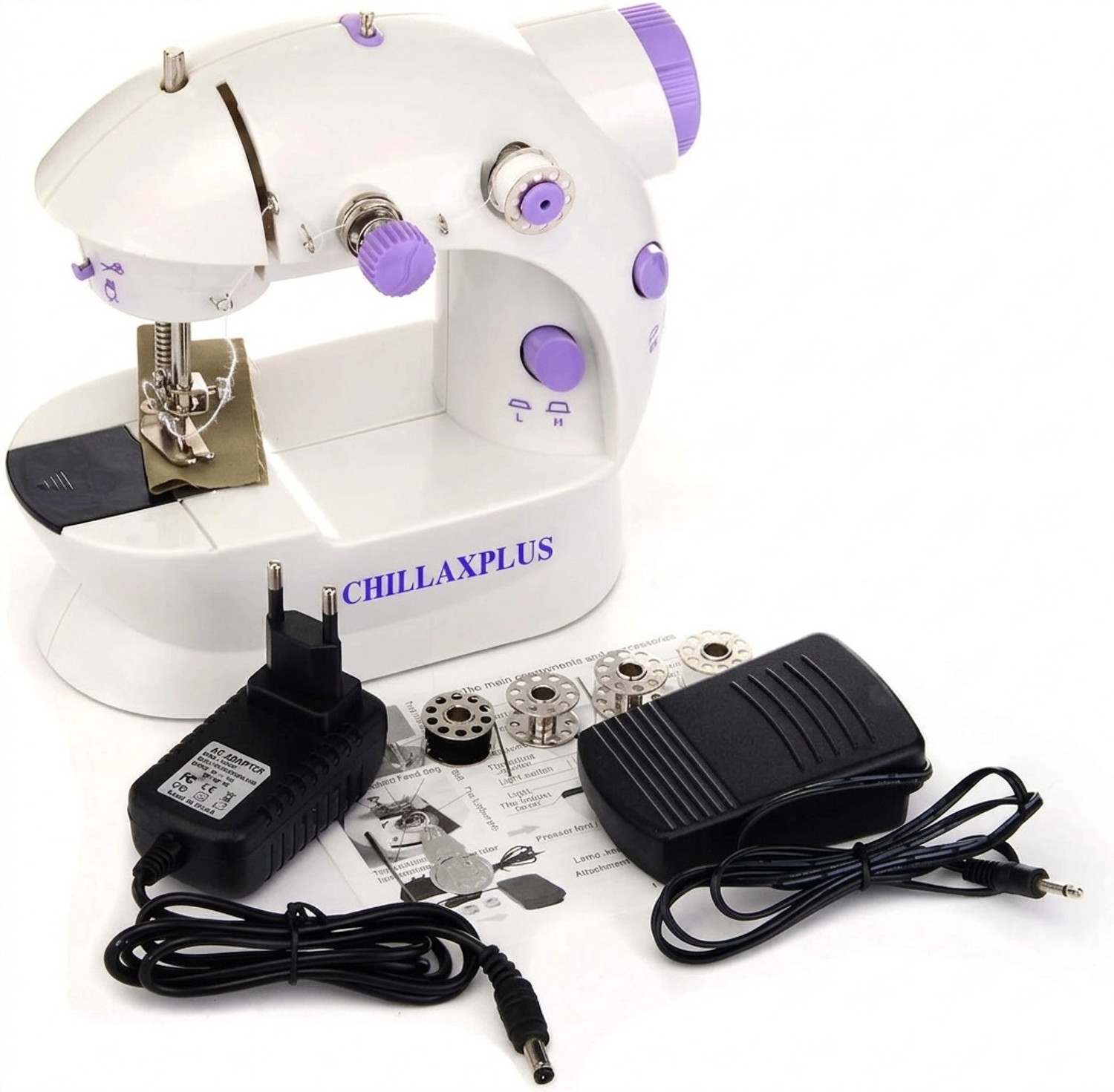 Image of CHILLAXPLUS Mini Sewing Machine for Home Tailoring Electric Sewing Machine 1 built-in stitches 121 SPM 6 Months Warranty White, Purple