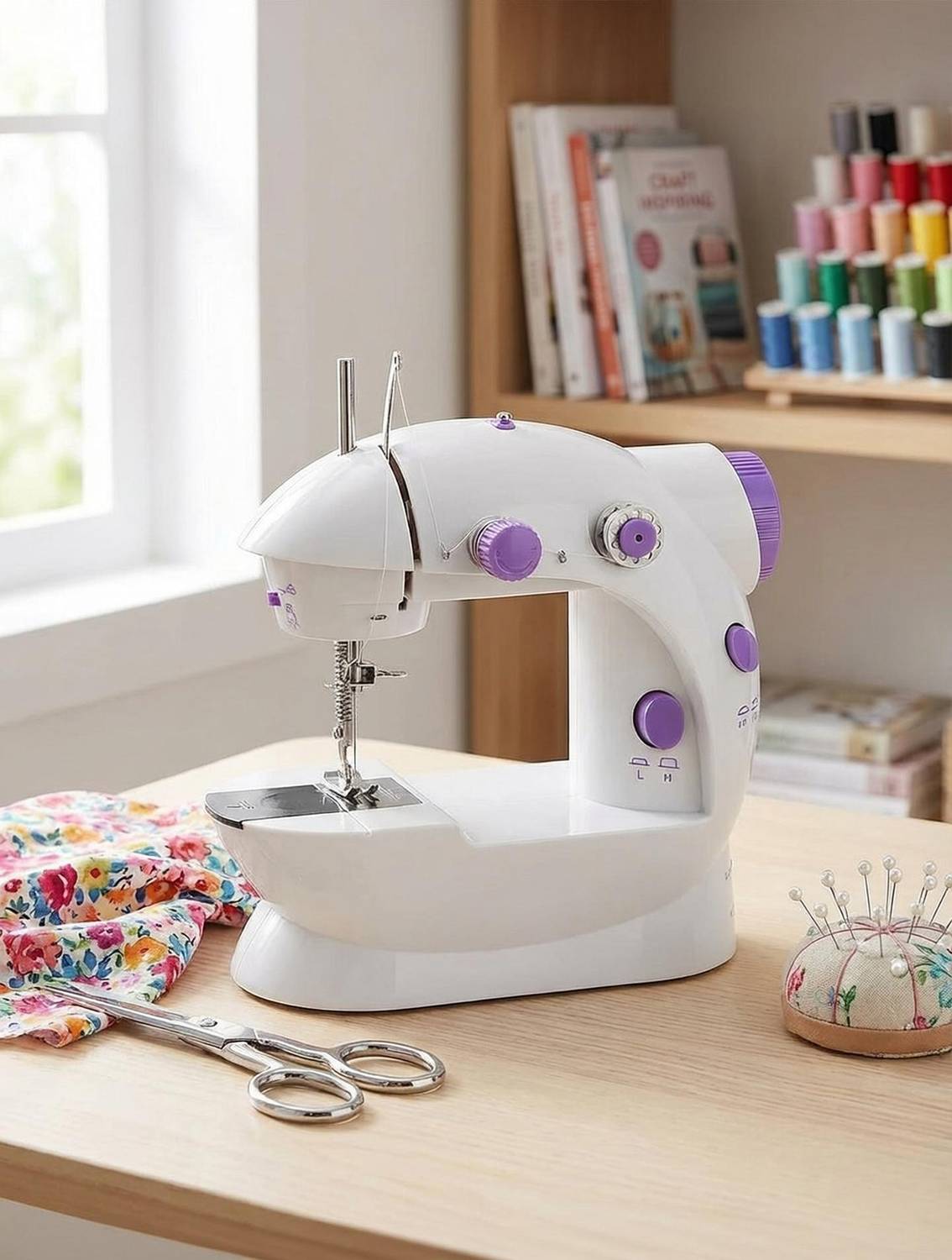 Onshoppy Multi Electric Mini 4 in 1 Desktop Functional Household Sewing Electric Sewing Machine 2 built-in stitches 100 SPM White
