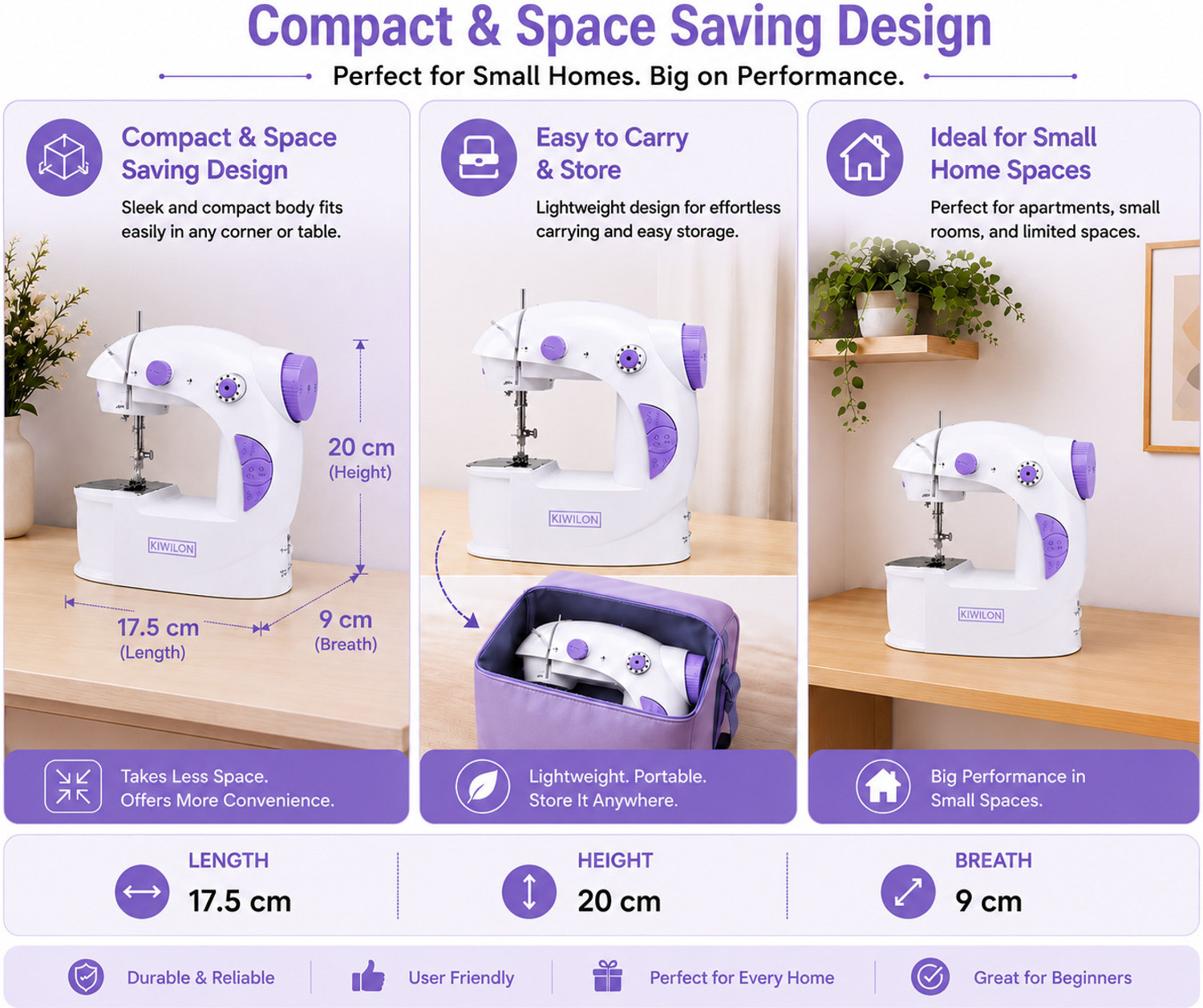 Image of Kiwilon mini sewing machine electric sewing machine portable sewing machine Electric Sewing Machine 3 built-in stitches 180 SPM Purple