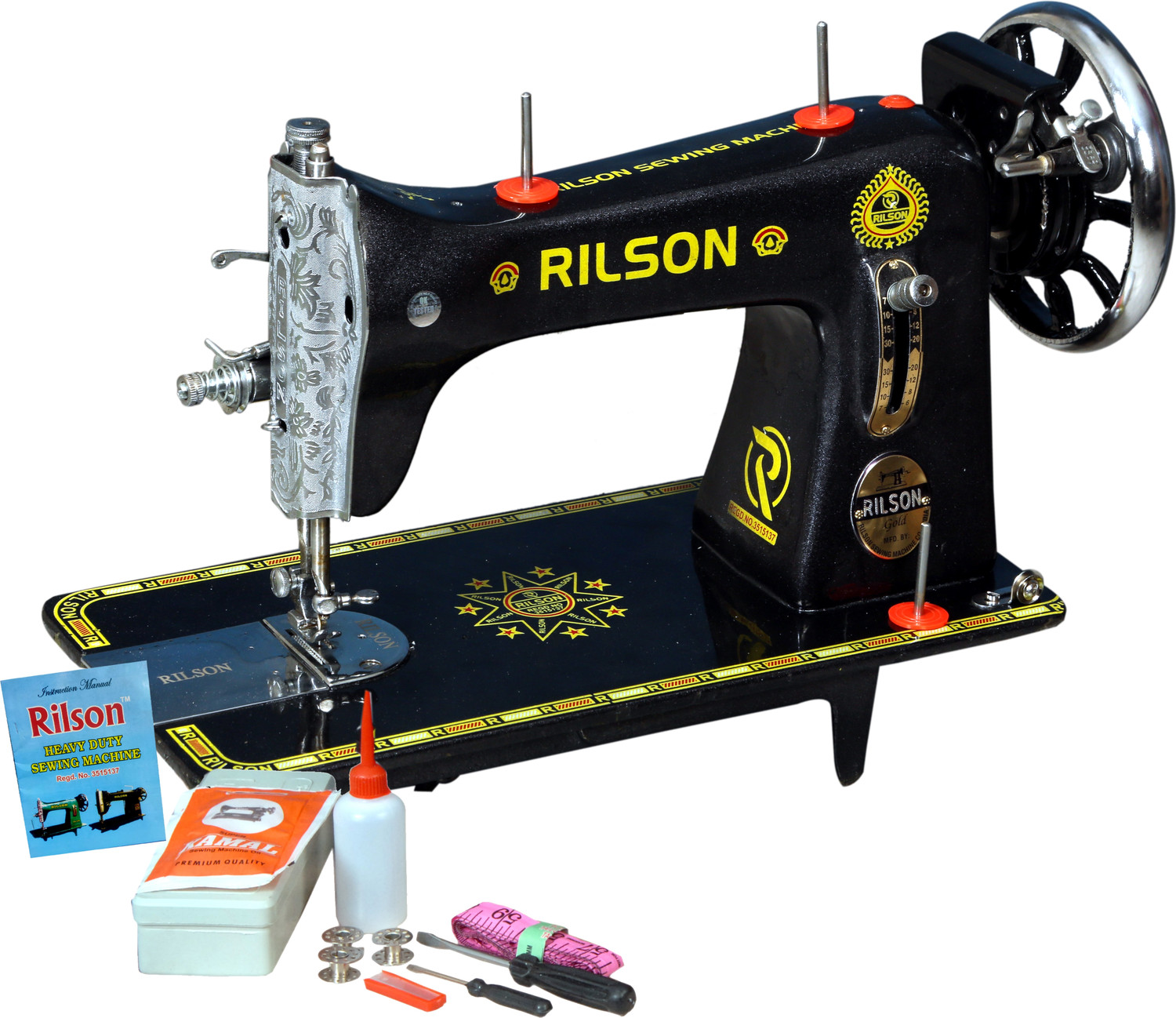 Image of Rilson DOMESTIC DELUXE MODEL SEWING MACHINE WITH WOODEN BASE AND HAND ATTACHMENT Manual Sewing Machine 1 built-in stitches 1800 SPM COPPER