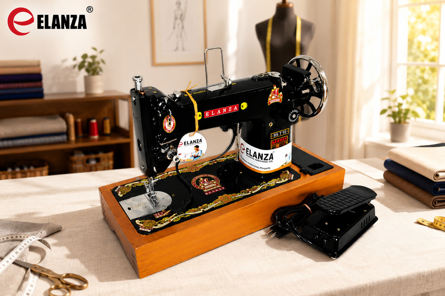 Image of Elanza 95-T10 /UMBRELLA /BIG /HEAVY DUTY Motorized With Wooden Base And Tool Box Electric Sewing Machine 1 built-in stitches 3800 SPM Multicolor