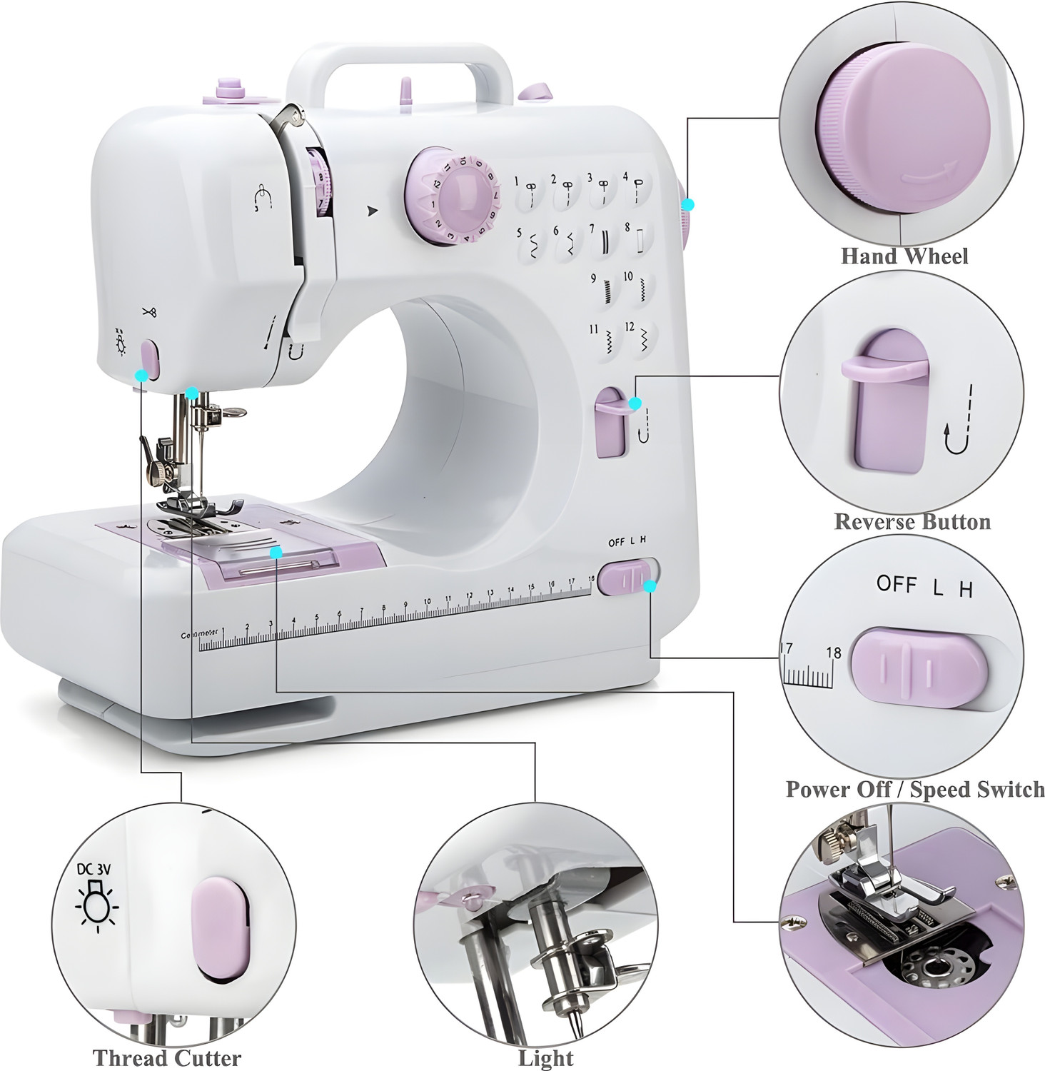 Image of Onshoppy Portable Sewing Machine with 12 Built-in Stitches, Extension Table & Sewing Kit Electric Sewing Machine 2 built-in stitches 500 SPM Purple