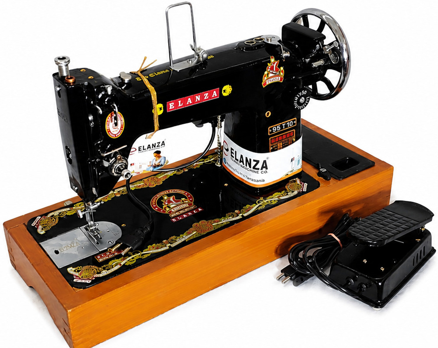 Image of Elanza 95-T10 /UMBRELLA /BIG /HEAVY DUTY Motorized With Wooden Base And Tool Box Electric Sewing Machine 1 built-in stitches 3800 SPM Multicolor
