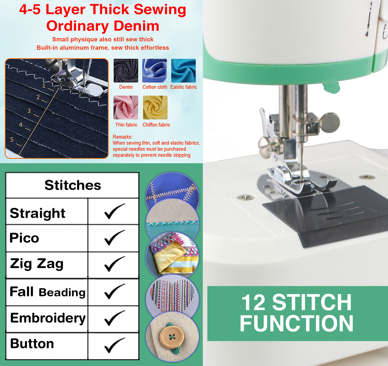 Image of akiara 12 Stitch Electric Sewing Machine 12 built-in stitches 300 SPM 2 Year Warranty White