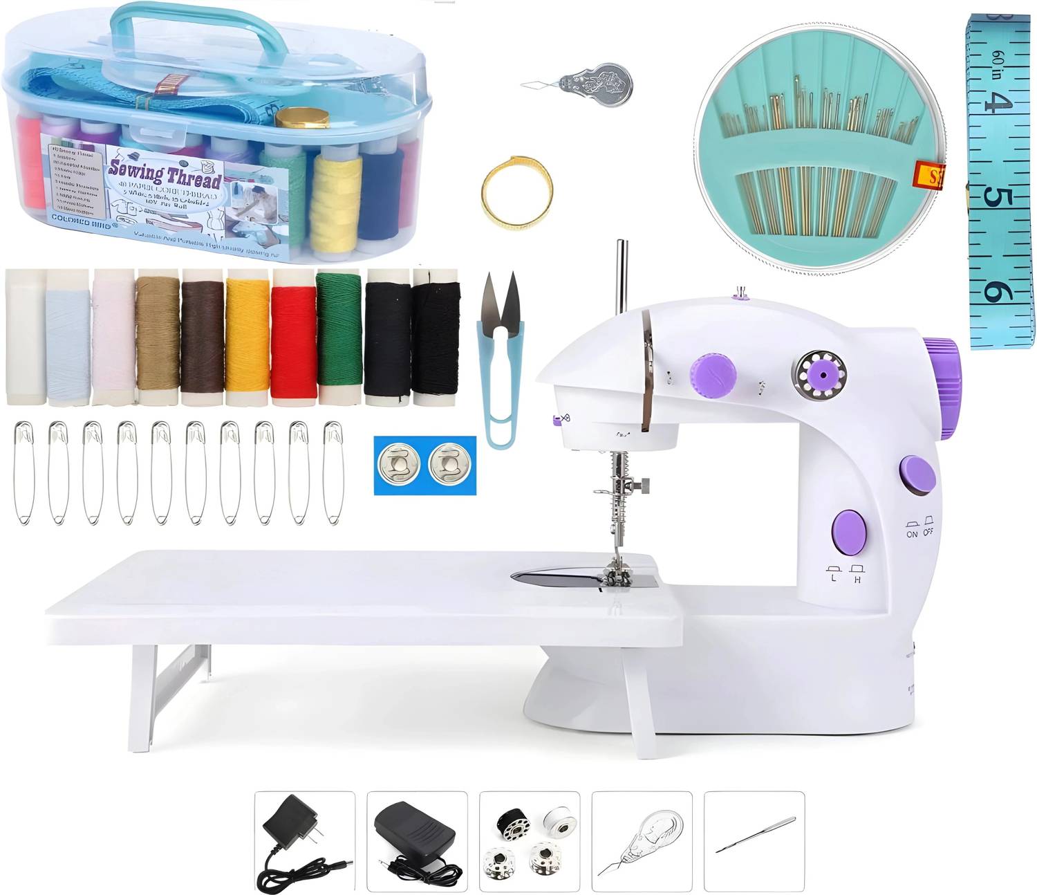 Onshoppy Mini Sewing Machine for Beginner, Dual Speed, Extension Table, Light, Sewing Kit Electric Sewing Machine 25 built-in stitches 100 SPM White, Purple