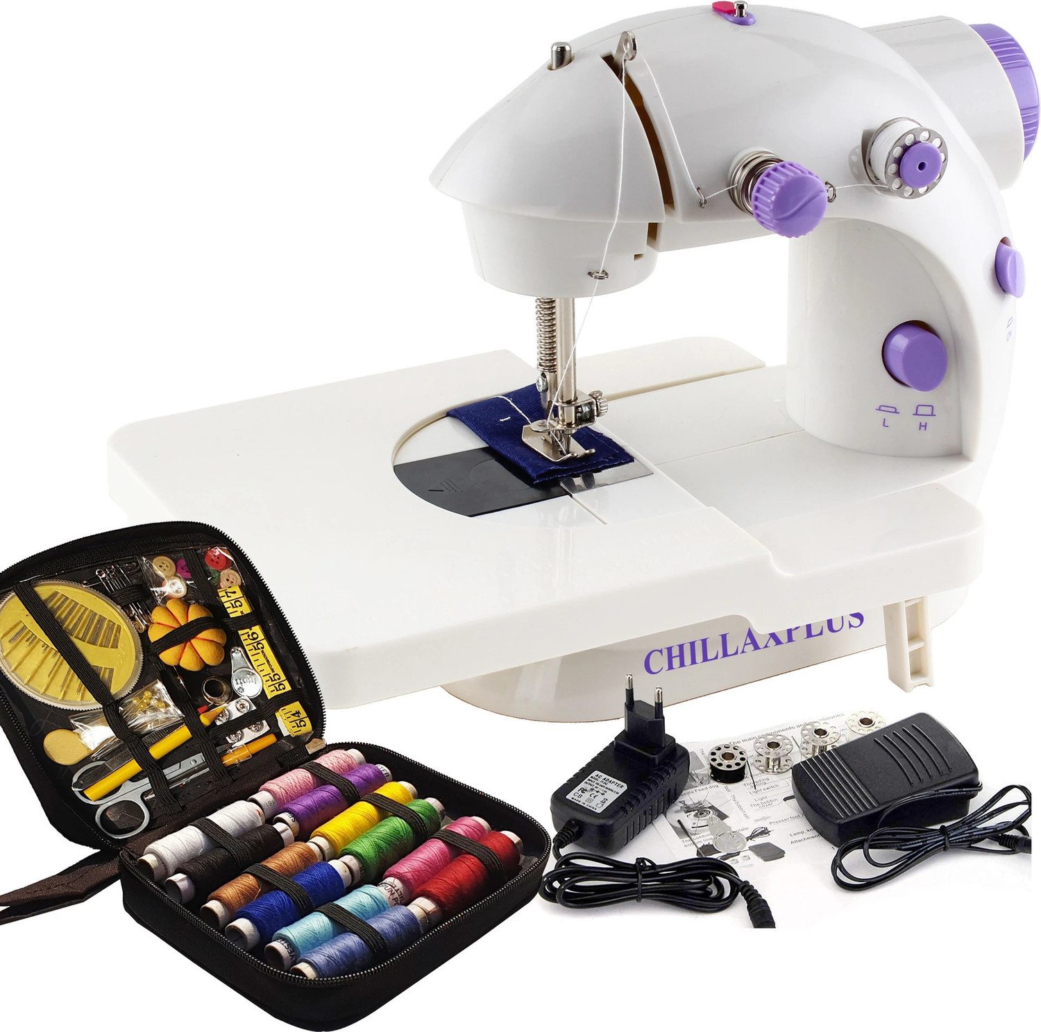 Image of CHILLAXPLUS Silai Machine for Home Tailoring with Table and 82 pcs Sewing Kit Electric Sewing Machine 1 built-in stitches 101 SPM 6 Months Warranty White