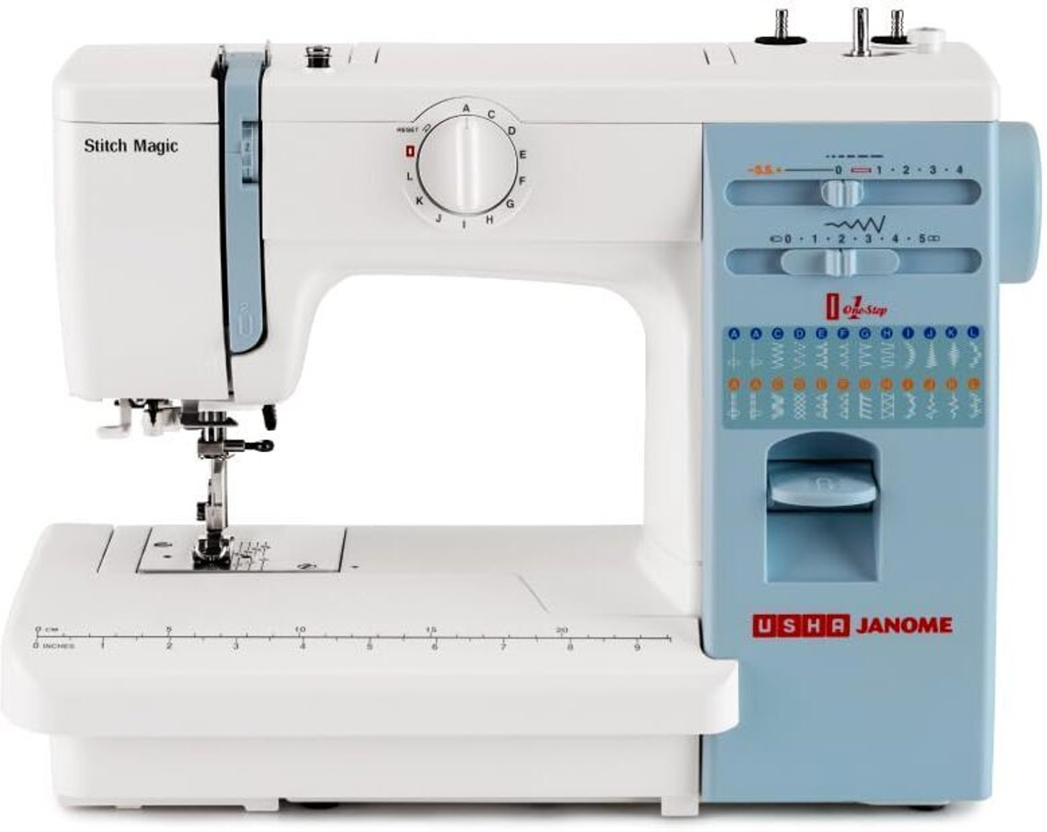 Image of USHA Janome Stitch Magic Electric Sewing Machine with kit Electric Sewing Machine 23 built-in stitches 860 SPM White and Blue