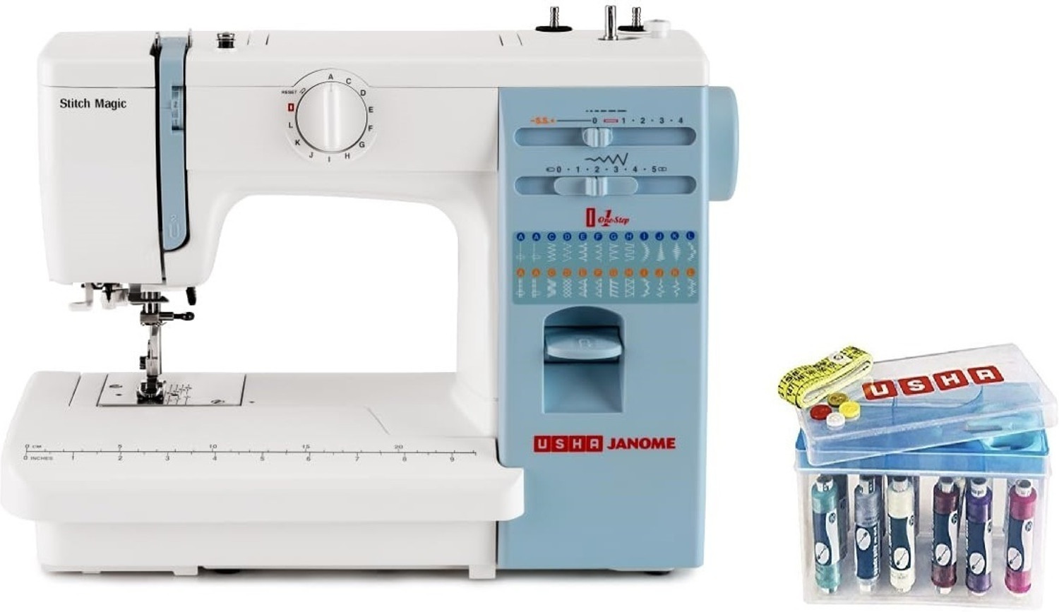 Image of USHA Janome Stitch Magic Electric Sewing Machine with kit Electric Sewing Machine 23 built-in stitches 860 SPM White and Blue