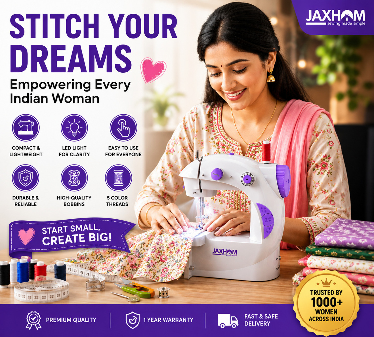 Image of JAXHOM mini sewing machine | swing sewing machine | stitching machine | silai table Electric Sewing Machine 2 built-in stitches 100 SPM blue sewing machine