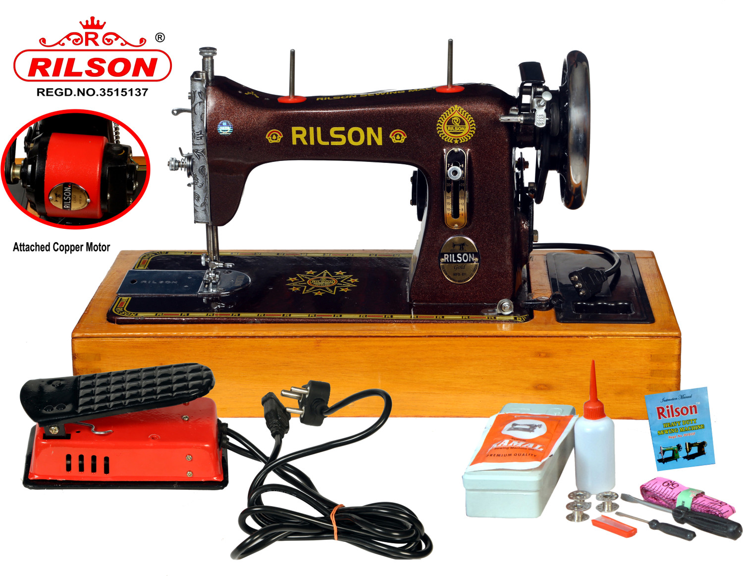 Image of Rilson SPECIAL MOTARIZED DELUXE MODEL SEWING MACHINE WITH BASE AND REGULATOR Electric Sewing Machine 0 built-in stitches 1200 SPM COPPER