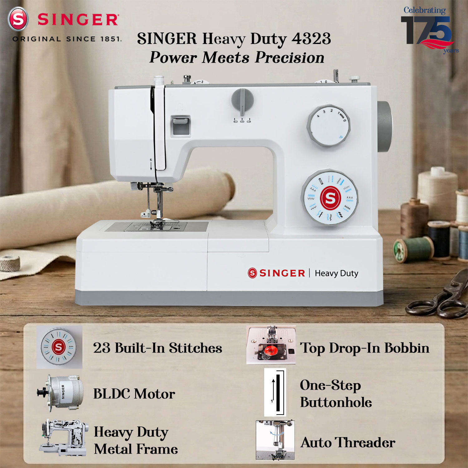 Image of SINGER 4323 BLDC Electric Sewing Machine 23 built-in stitches 804 SPM 2 Year Warranty Grey