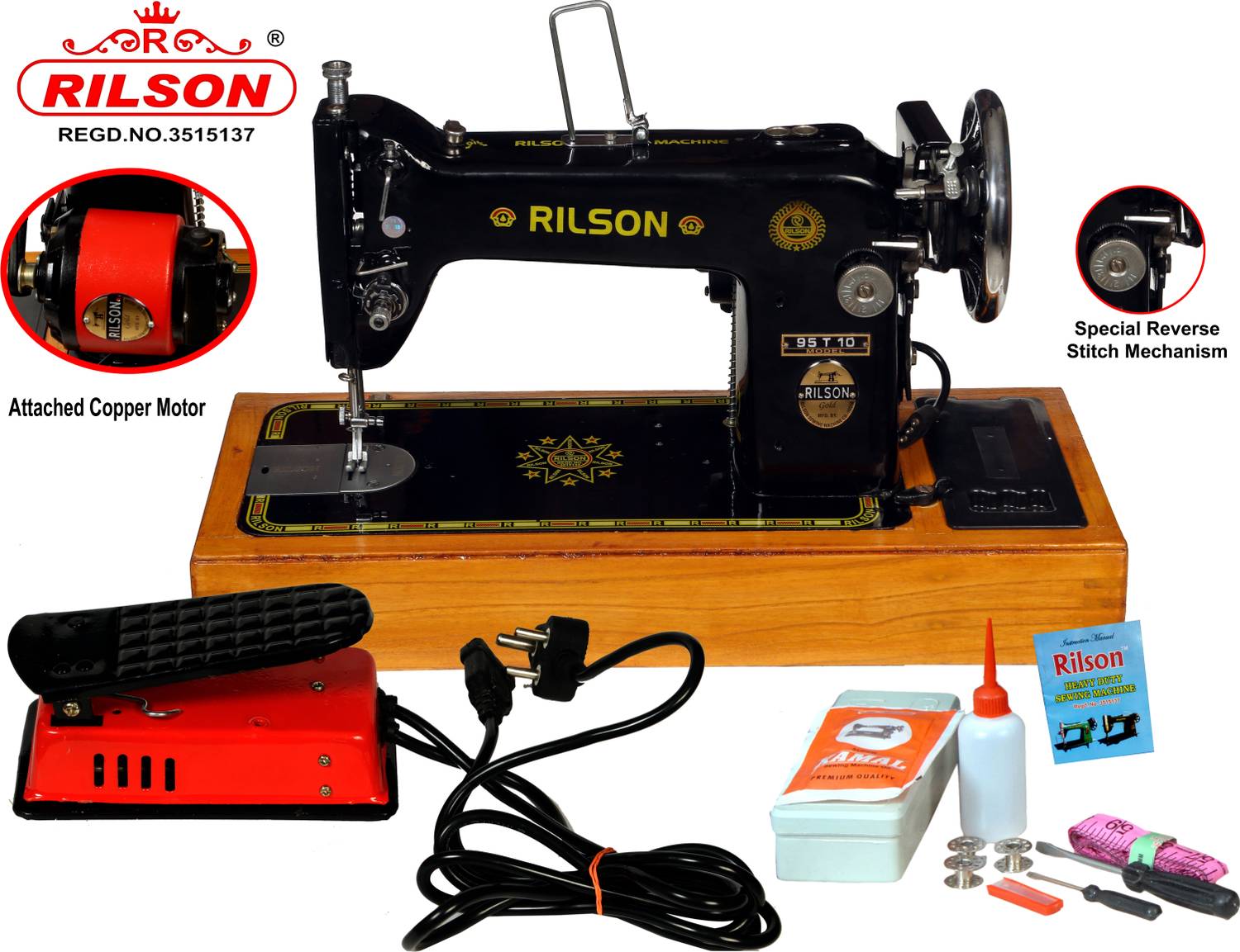 Rilson MOTARIZED UMBRELLA/95T10 MODEL SEWING MACHINE WITH WOODEN BASE AND REGULATOR Electric Sewing Machine 0 built-in stitches 1700 SPM Black