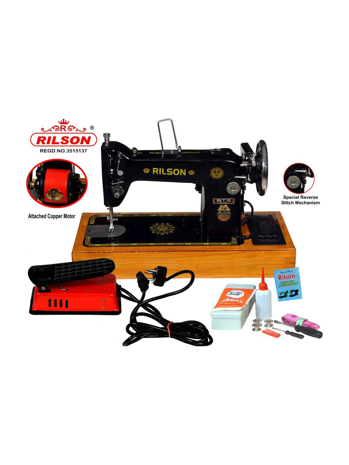 Rilson MOTARIZED UMBRELLA/95T10 MODEL SEWING MACHINE WITH WOODEN BASE AND REGULATOR Electric Sewing Machine 0 built-in stitches 1700 SPM Black