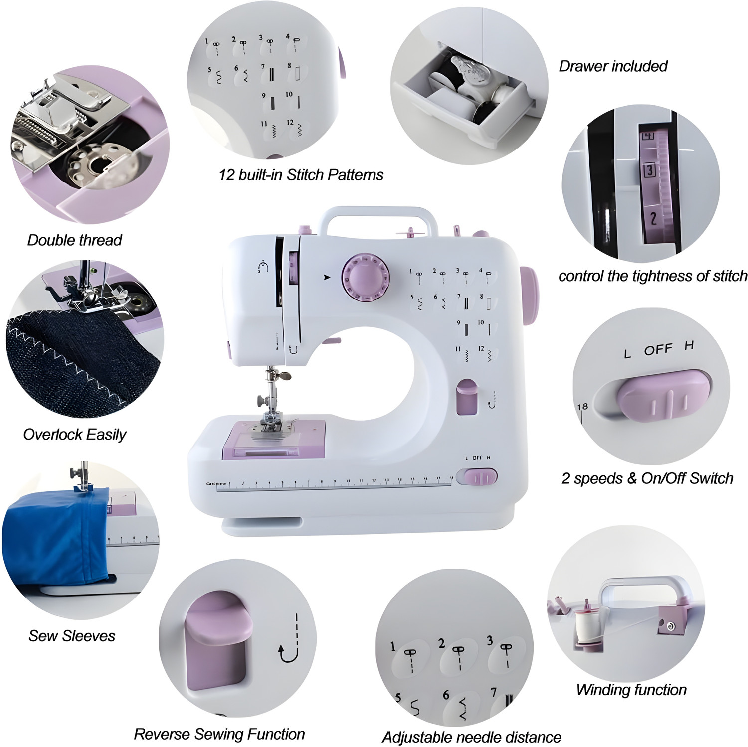Image of Onshoppy Portable Sewing Machine with 12 Built-in Stitches, Extension Table & Sewing Kit Electric Sewing Machine 2 built-in stitches 500 SPM Purple