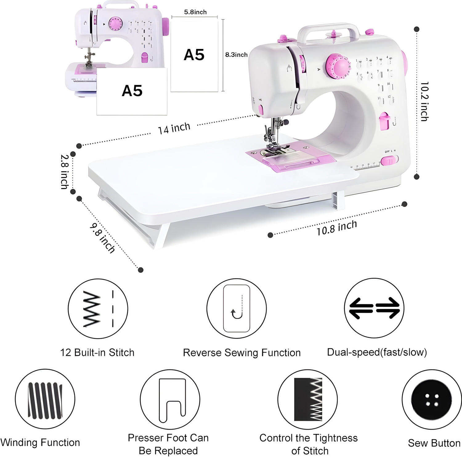 Image of Onshoppy Portable Sewing Machine with 12 Built-in Stitches, Extension Table & Sewing Kit Electric Sewing Machine 2 built-in stitches 500 SPM Purple