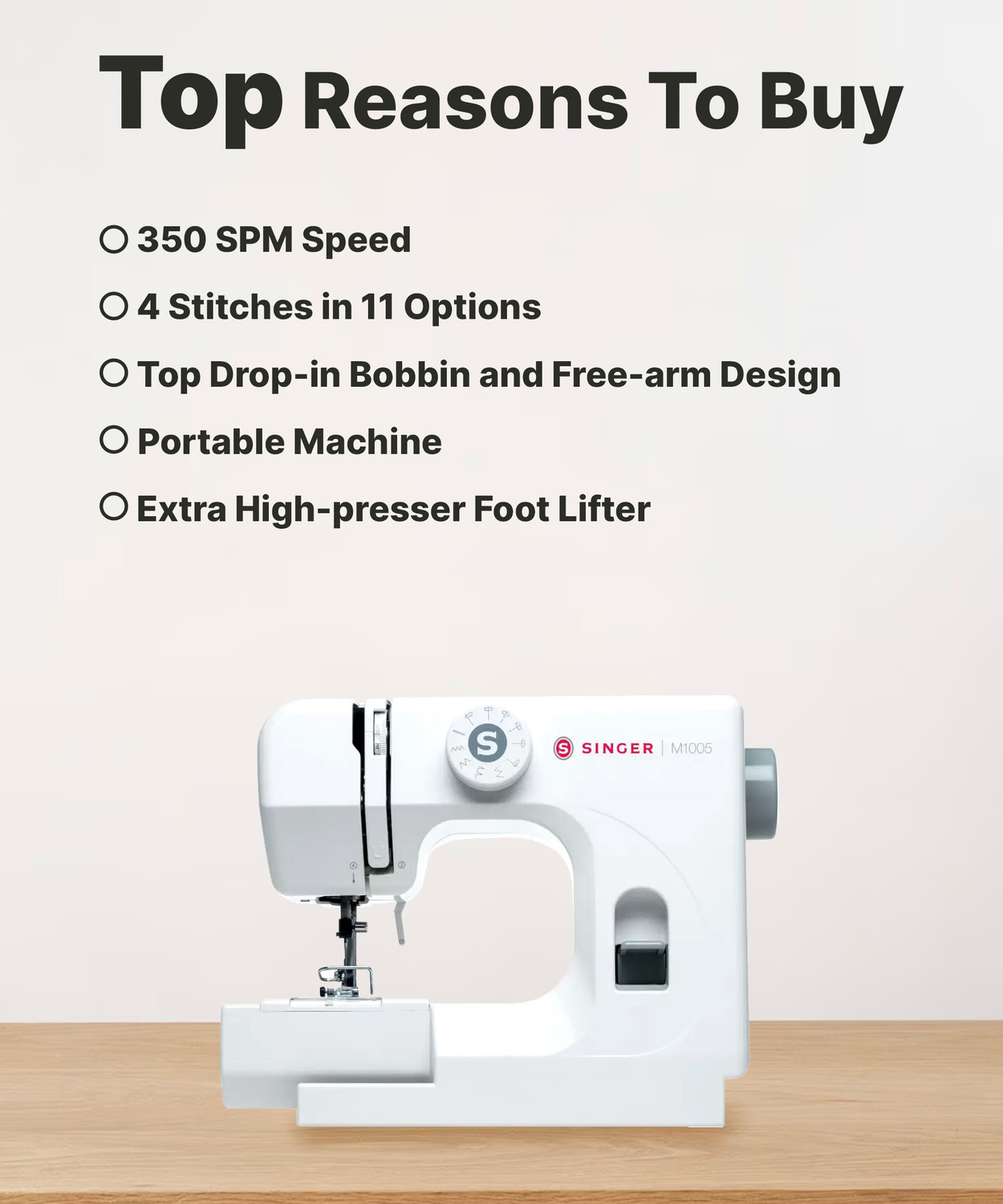Image of SINGER M1005 Electric Sewing Machine 4 built-in stitches 350 SPM 1 Year Warranty White