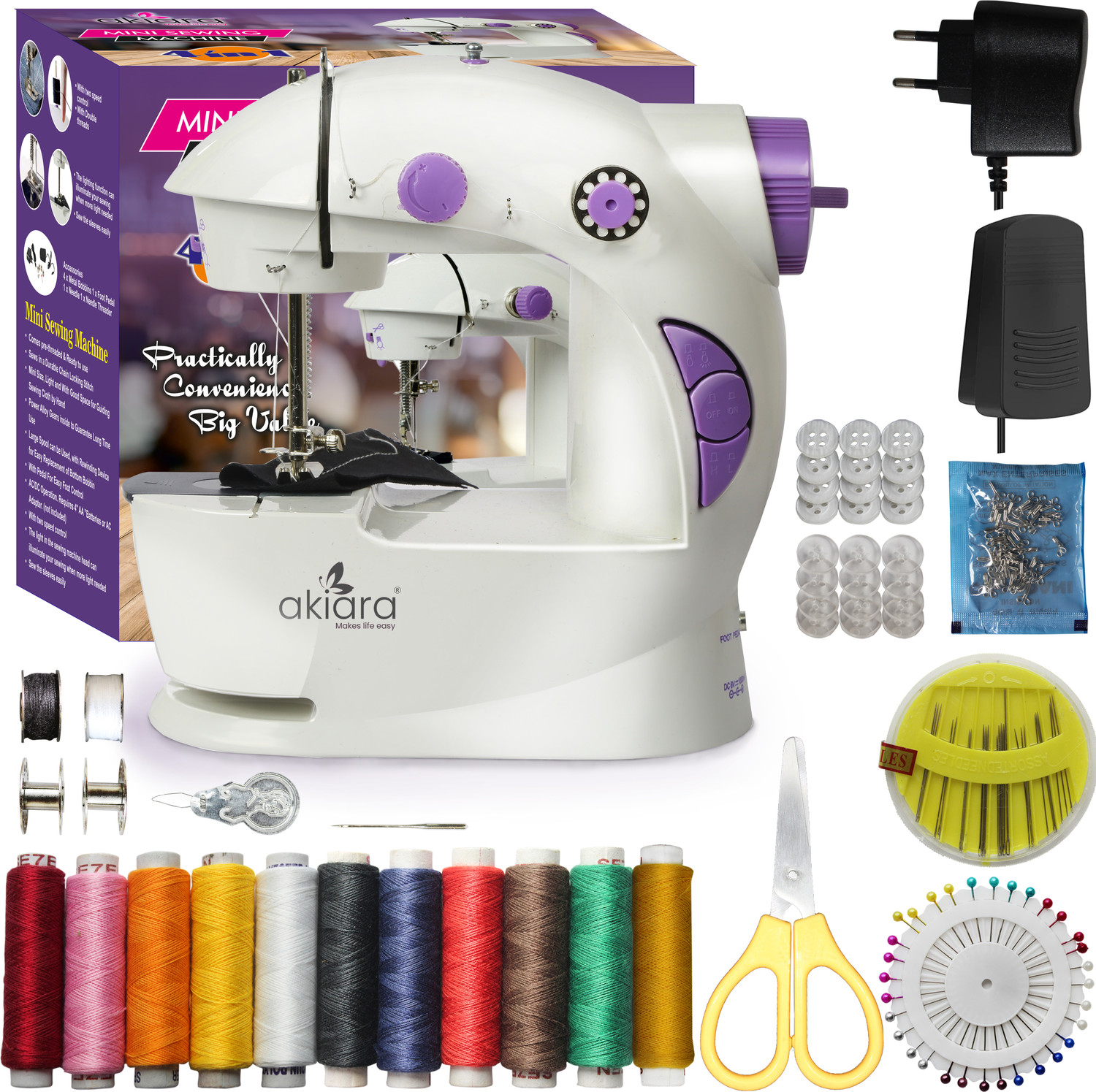 Image of akiara Mini Electric Sewing Machine for Home Use With Sewing Kit Electric Sewing Machine 2 built-in stitches 800 SPM 12 Months Warranty White