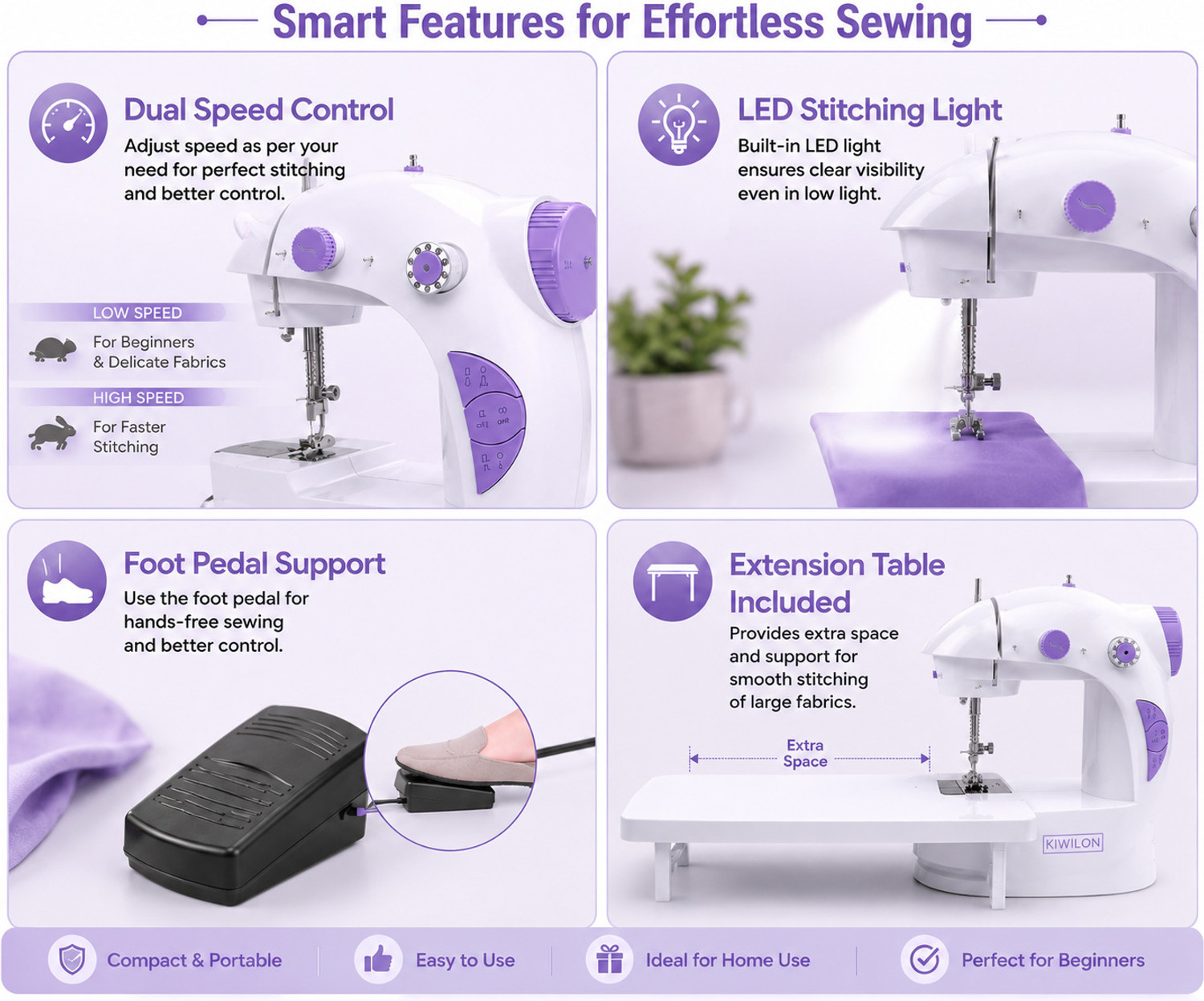 Image of Kiwilon mini sewing machine electric sewing machine portable sewing machine Electric Sewing Machine 3 built-in stitches 180 SPM Purple