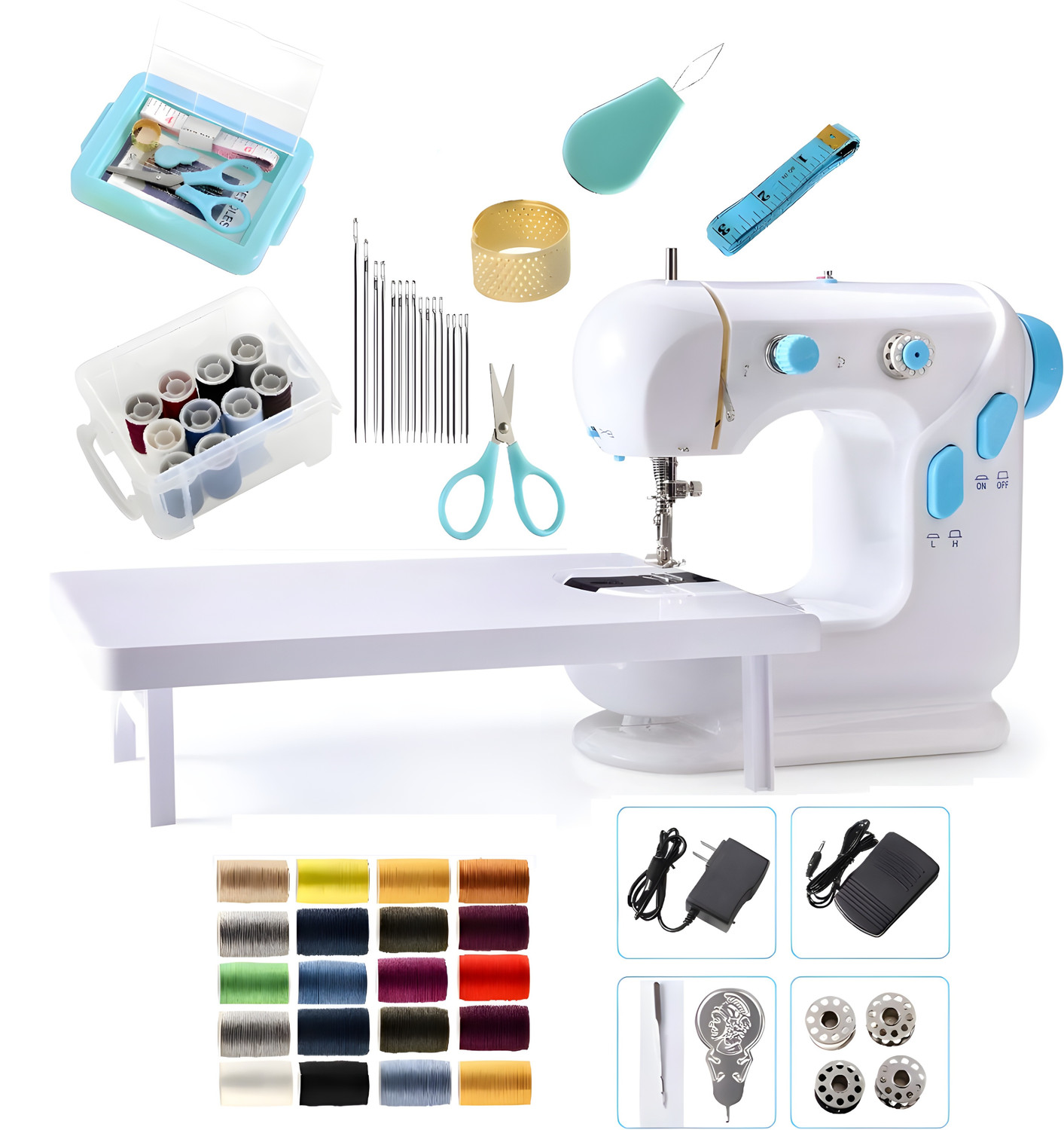 Image of Onshoppy Electric Sewing Machine with LED, Foot Pedal, Extension Table & Sewing Kit Combo Electric Sewing Machine 2 built-in stitches 200 SPM White