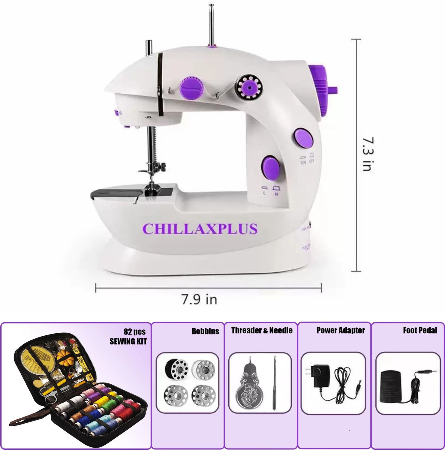 Image of CHILLAXPLUS Silai Machine for Home Tailoring with Table and 82 pcs Sewing Kit Electric Sewing Machine 1 built-in stitches 101 SPM 6 Months Warranty White