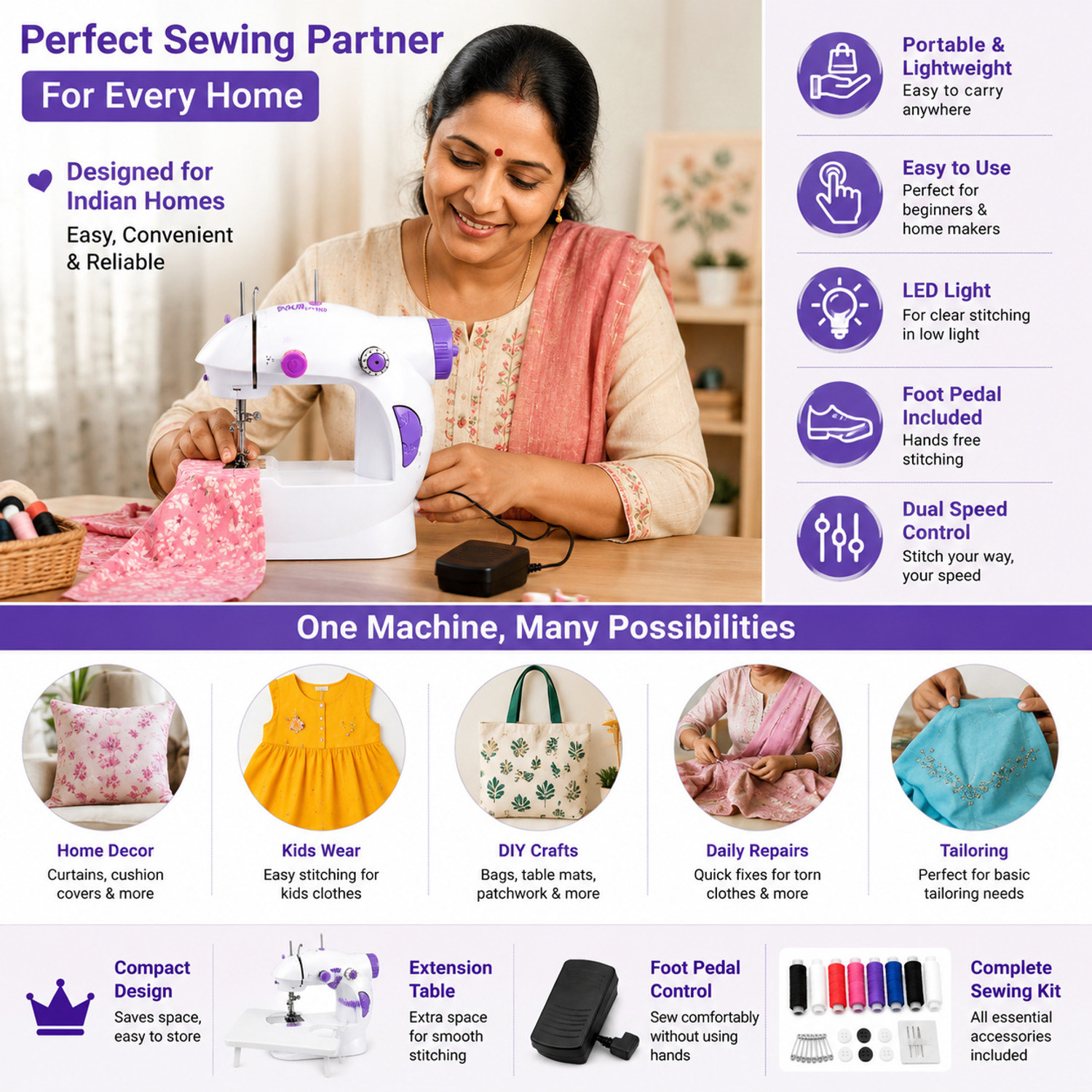 Image of JAXHOM mini sewing machine | swing sewing machine | stitching machine | silai table Electric Sewing Machine 2 built-in stitches 100 SPM blue sewing machine